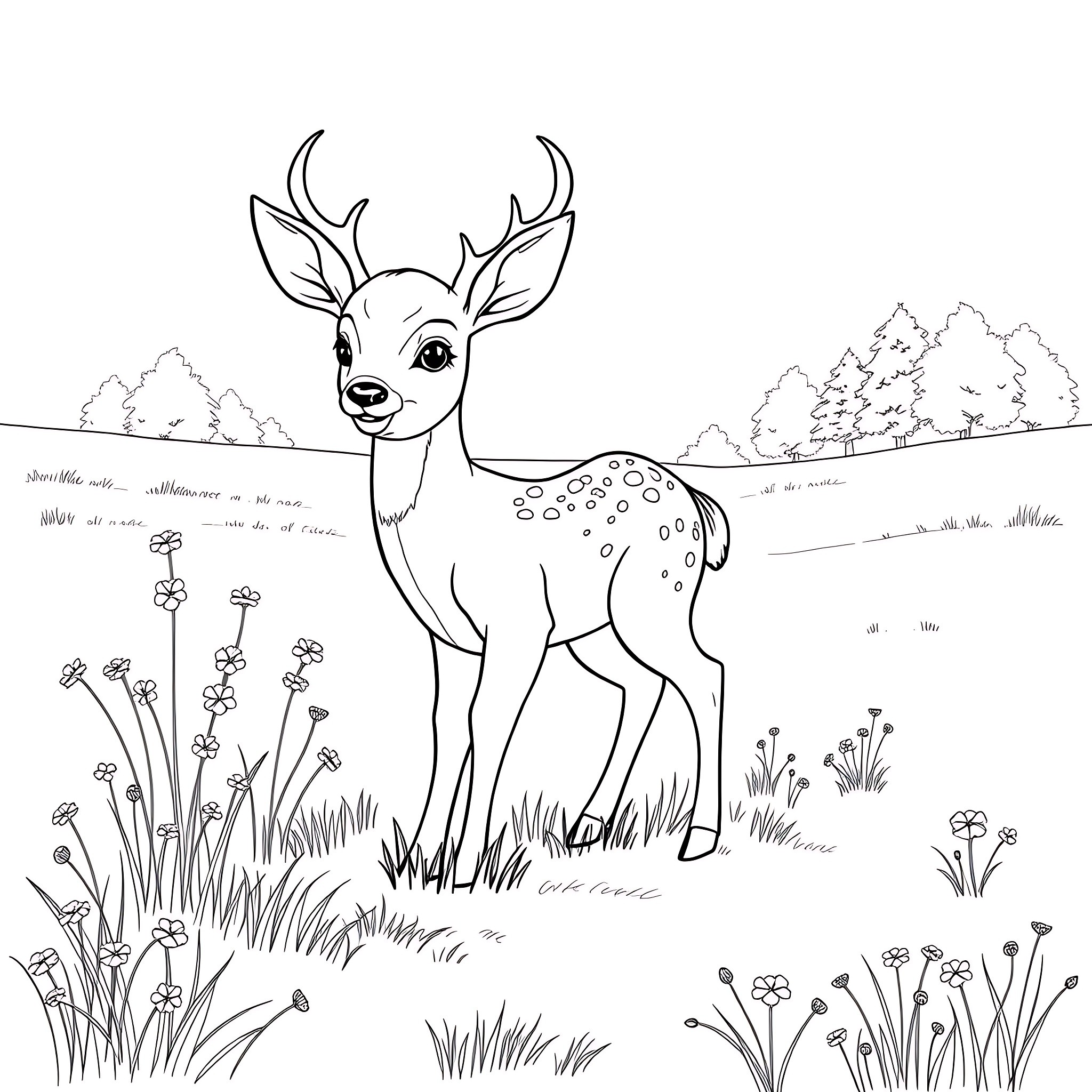 Baby Deer in a Peaceful Forest Coloring Page (free black-and-white line drawing printable PDF for all, from beginners to advanced learners, including children, teens, adults, and seniors)