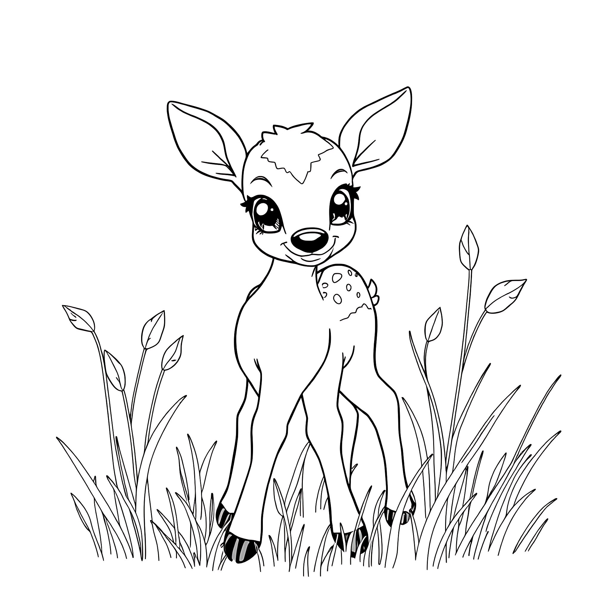 Baby Deer Exploring the Grassy Meadow Coloring Page (free black-and-white line drawing printable PDF for all, from beginners to advanced learners, including children, teens, adults, and seniors)