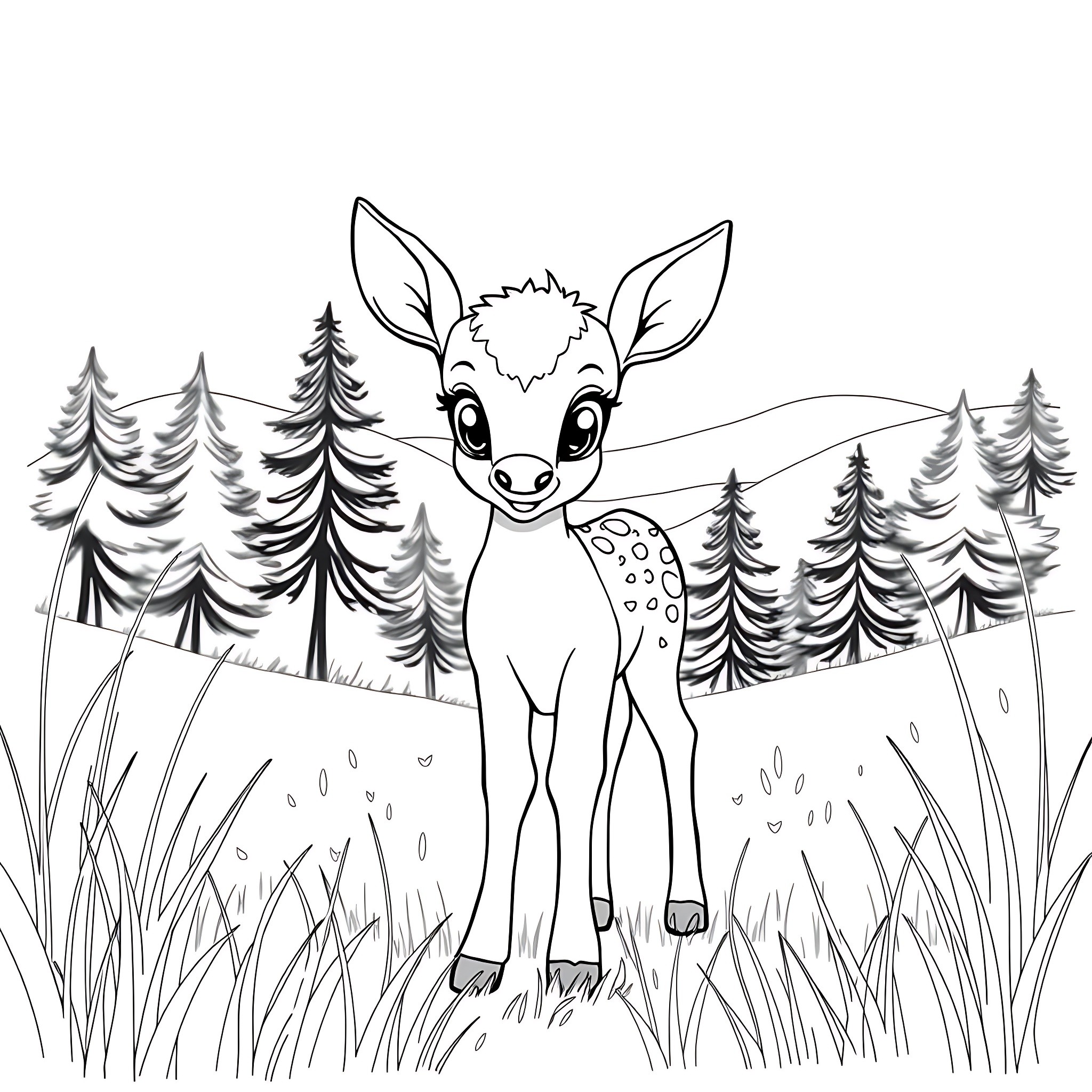Baby Deer Standing Amidst Forest Scenery Coloring Page (free black-and-white line drawing printable PDF for all, from beginners to advanced learners, including children, teens, adults, and seniors)