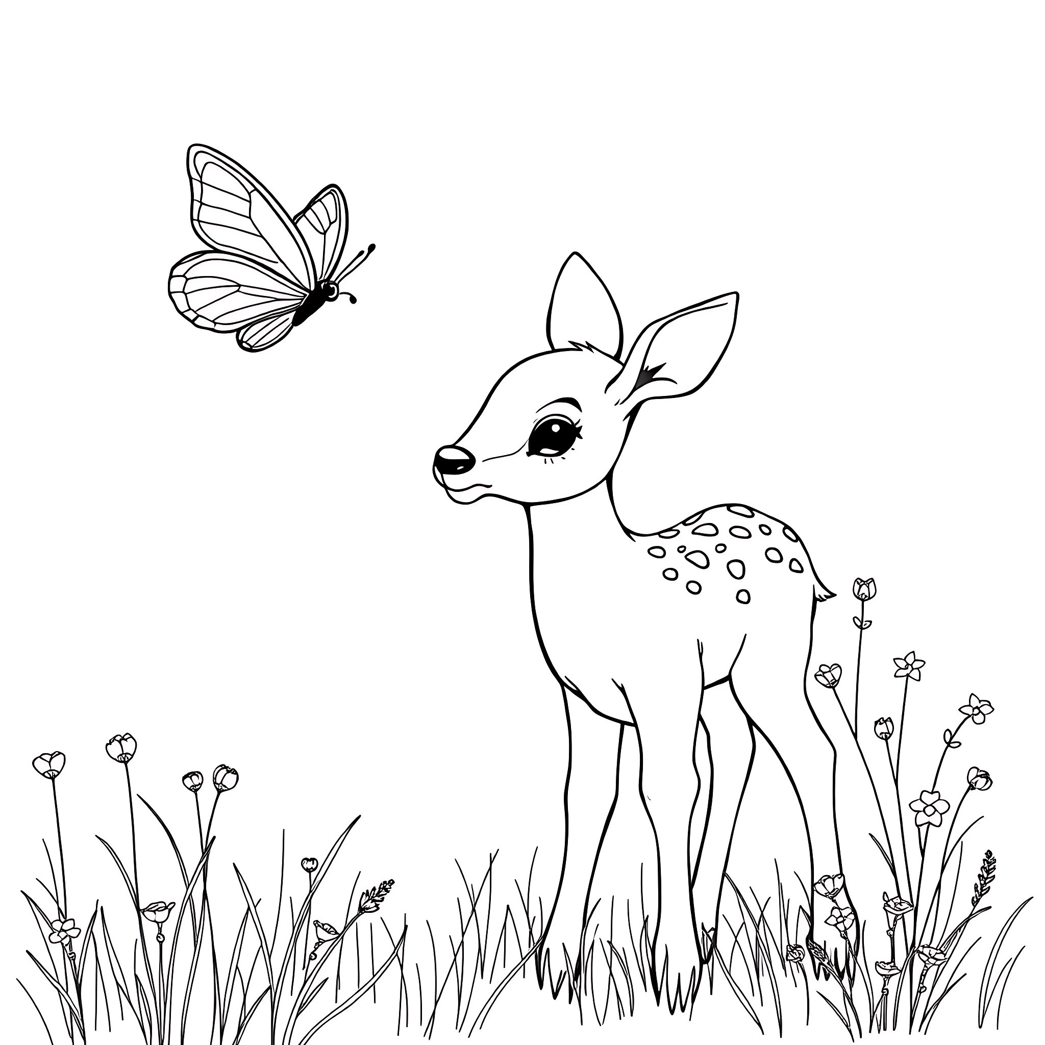 Baby Deer enjoying the outdoors with butterfly Coloring Page (free black-and-white line drawing printable PDF for all, from beginners to advanced learners, including children, teens, adults, and seniors)
