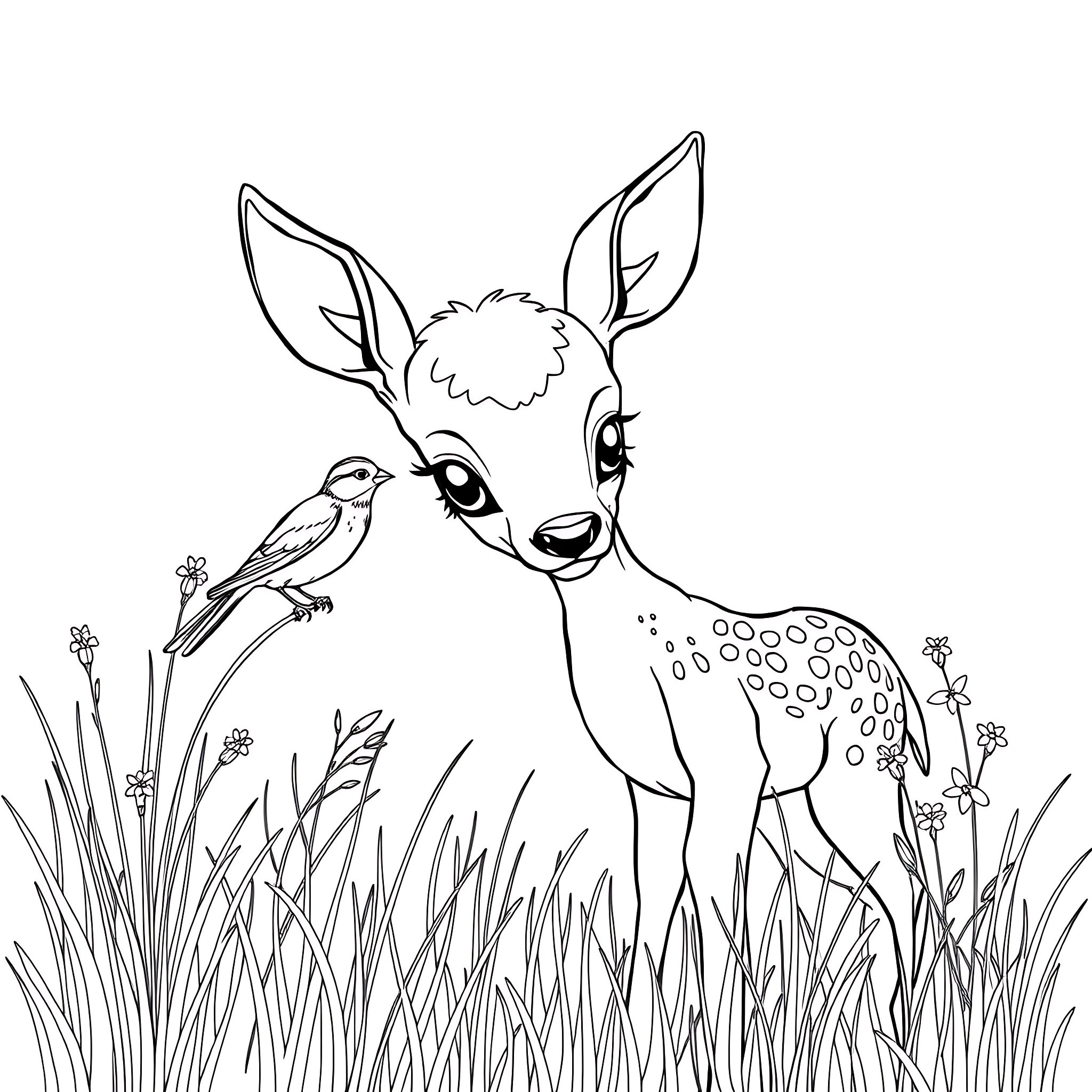 Baby Deer Interacting with a Bird in Nature Coloring Page (free black-and-white line drawing printable PDF for all, from beginners to advanced learners, including children, teens, adults, and seniors)