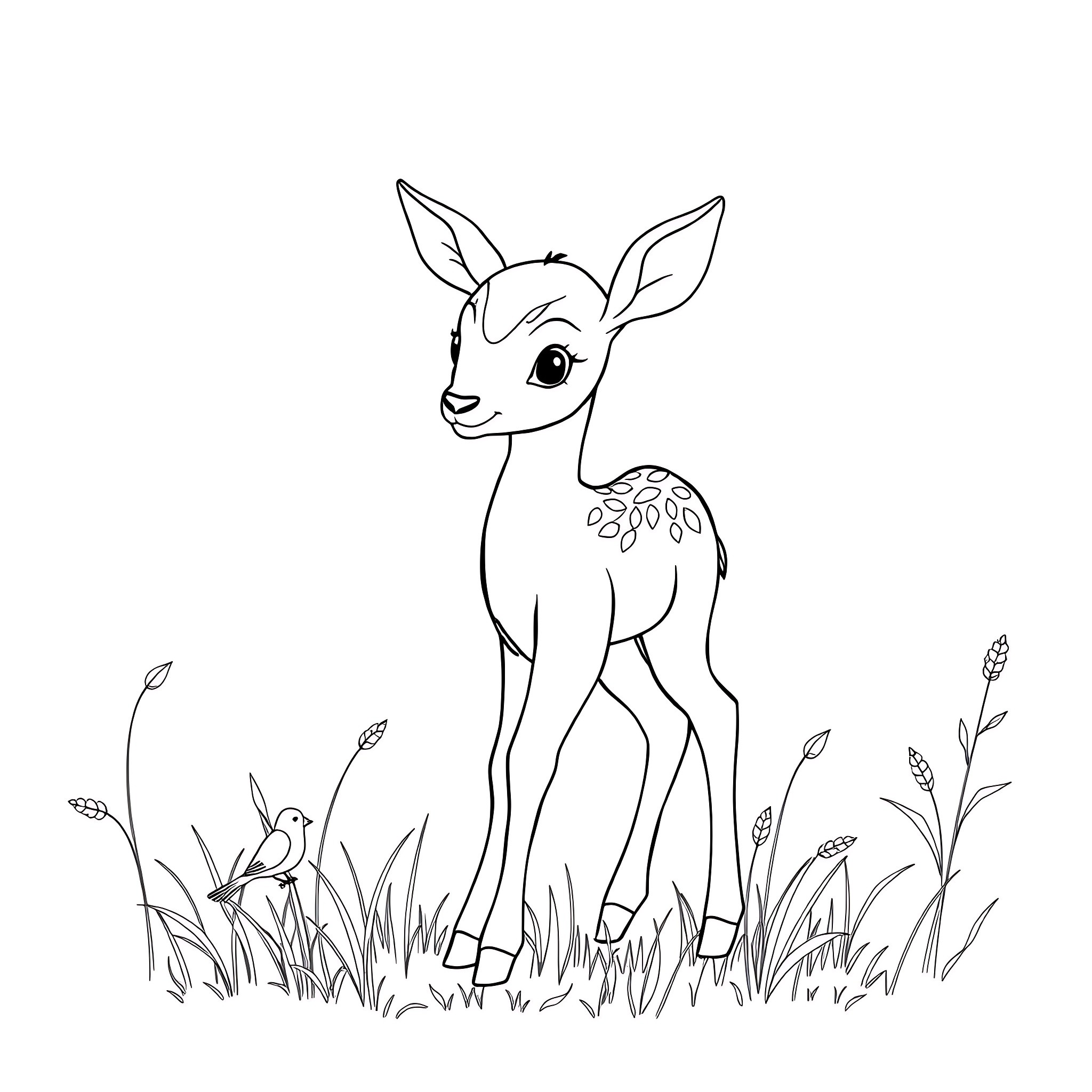 Baby Deer standing in the meadow Coloring Page (free black-and-white line drawing printable PDF for all, from beginners to advanced learners, including children, teens, adults, and seniors)