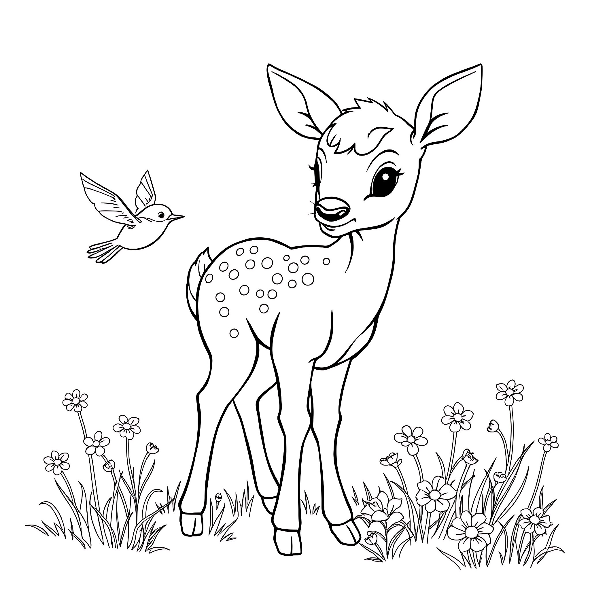 Baby Deer Exploring the Flowery Field with a Bird Coloring Page (free black-and-white line drawing printable PDF for all, from beginners to advanced learners, including children, teens, adults, and seniors)