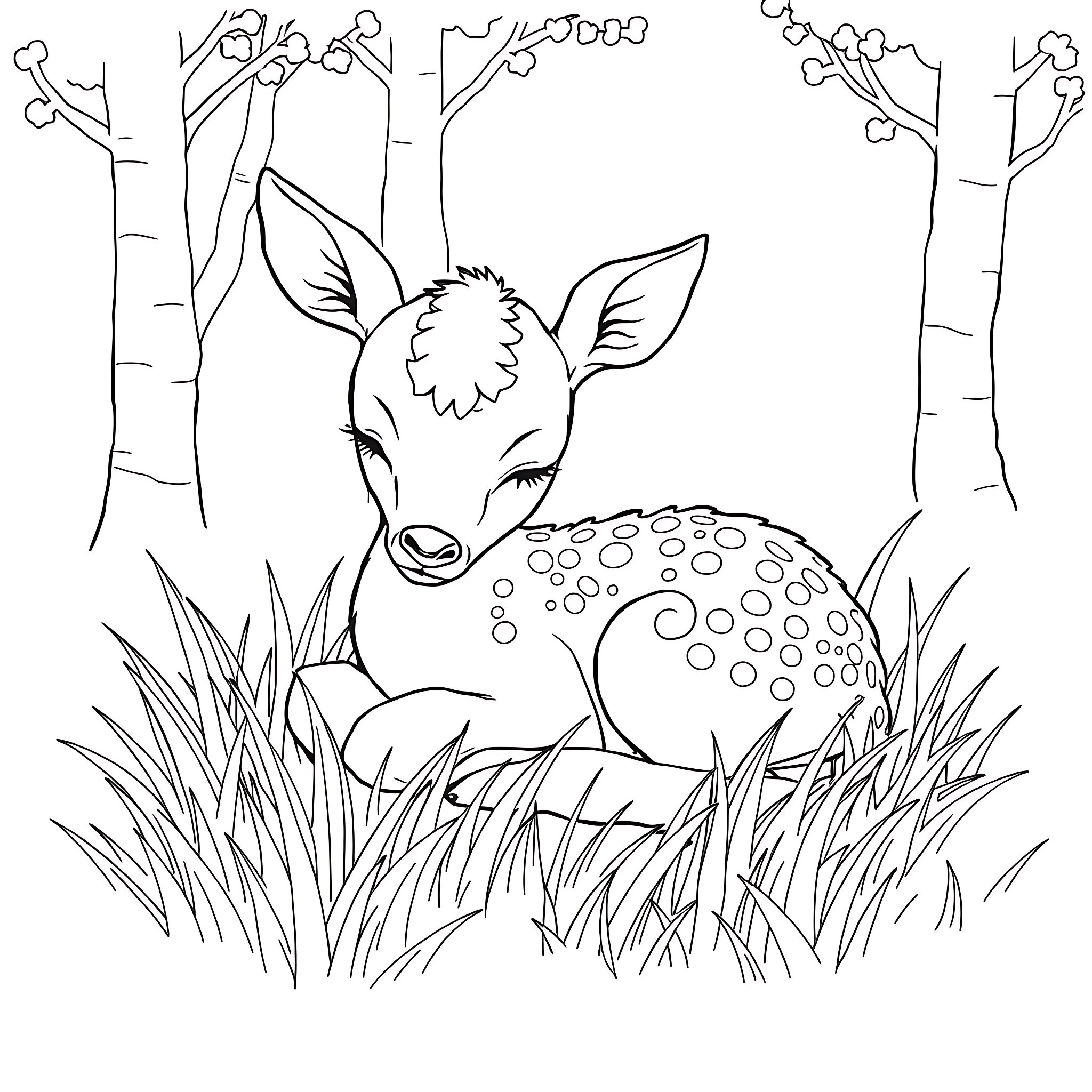 Baby Deer resting peacefully in a forest Coloring Page (free black-and-white line drawing printable PDF for all, from beginners to advanced learners, including children, teens, adults, and seniors)