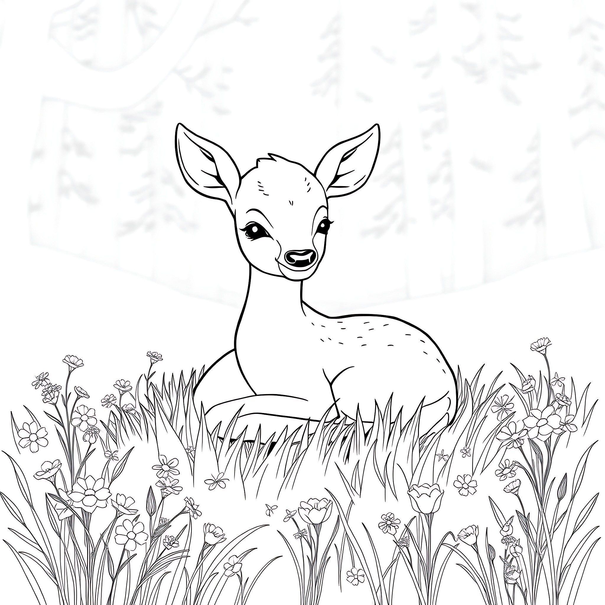 Baby Deer Sitting Amidst Flowers in Meadow Coloring Page (free black-and-white line drawing printable PDF for all, from beginners to advanced learners, including children, teens, adults, and seniors)