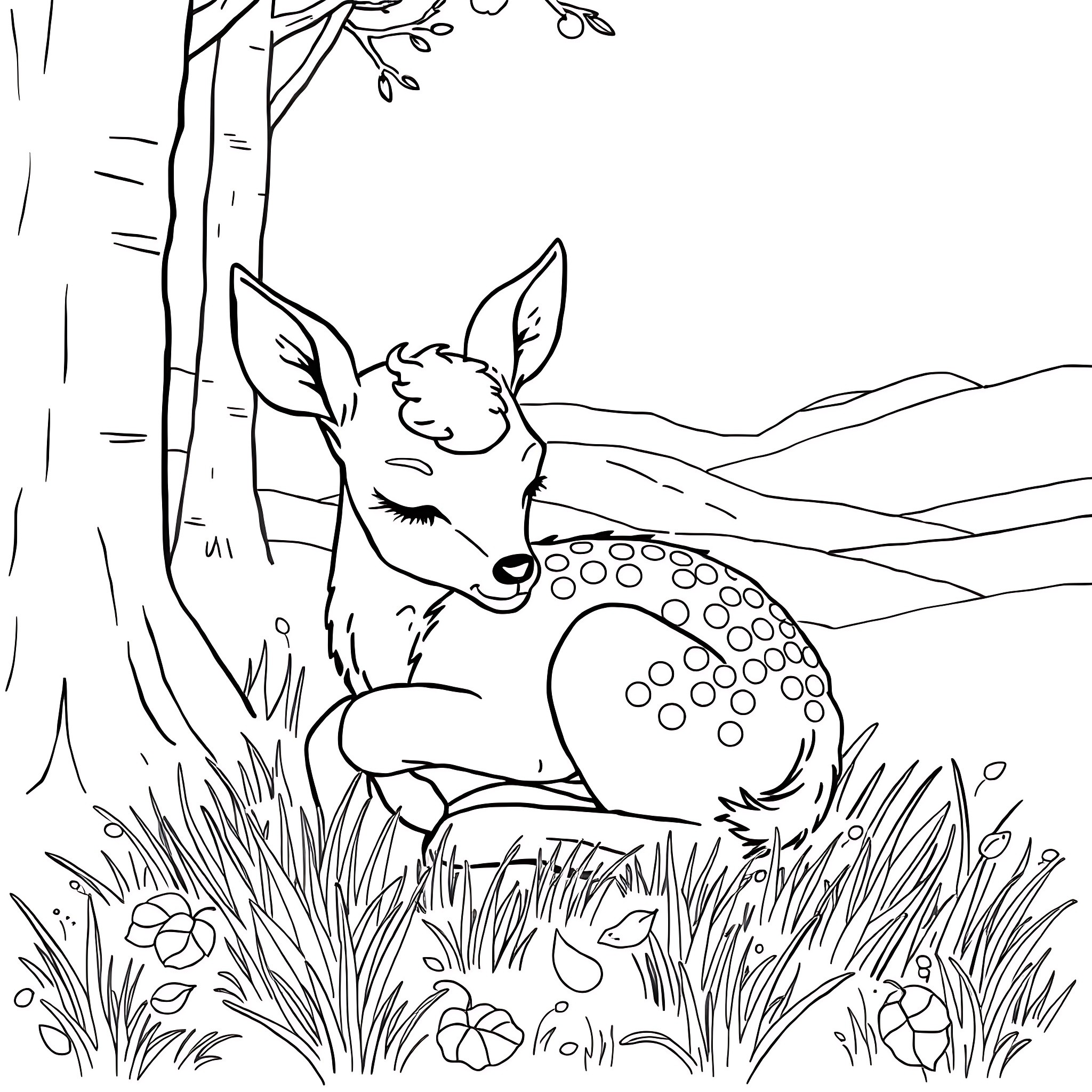 Baby Deer Resting Peacefully in the Forest Coloring Page (free black-and-white line drawing printable PDF for all, from beginners to advanced learners, including children, teens, adults, and seniors)
