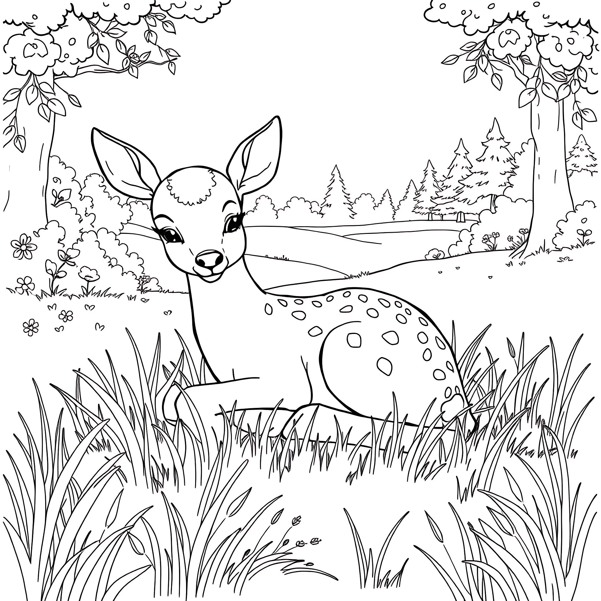 Baby Deer resting peacefully in the forest Coloring Page (free black-and-white line drawing printable PDF for all, from beginners to advanced learners, including children, teens, adults, and seniors)
