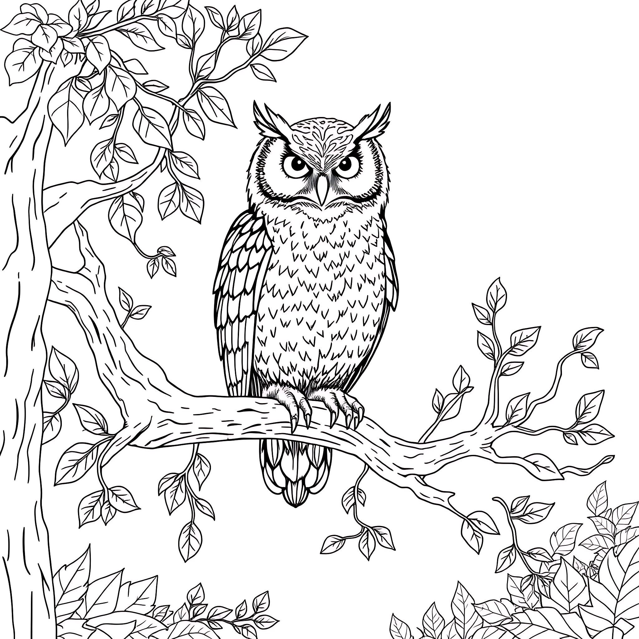 Owl Perching Amidst Lush Foliage Coloring Page (free black-and-white line drawing printable PDF for all, from beginners to advanced learners, including children, teens, adults, and seniors)