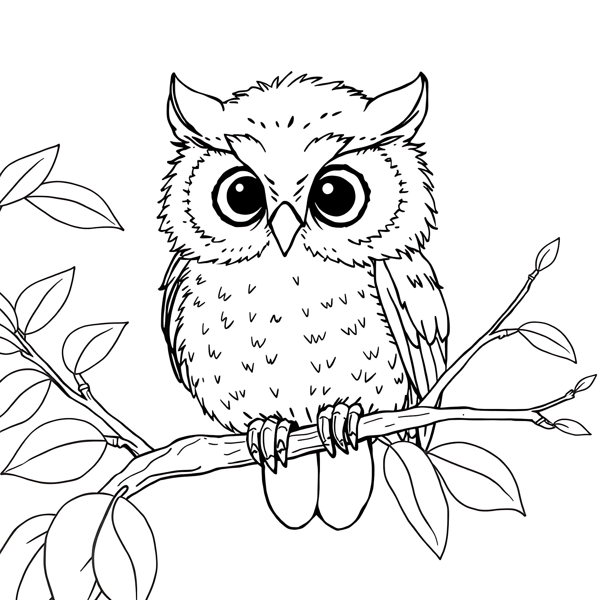 Baby Owl sitting on a tree branch Coloring Page (free black-and-white line drawing printable PDF for all, from beginners to advanced learners, including children, teens, adults, and seniors)