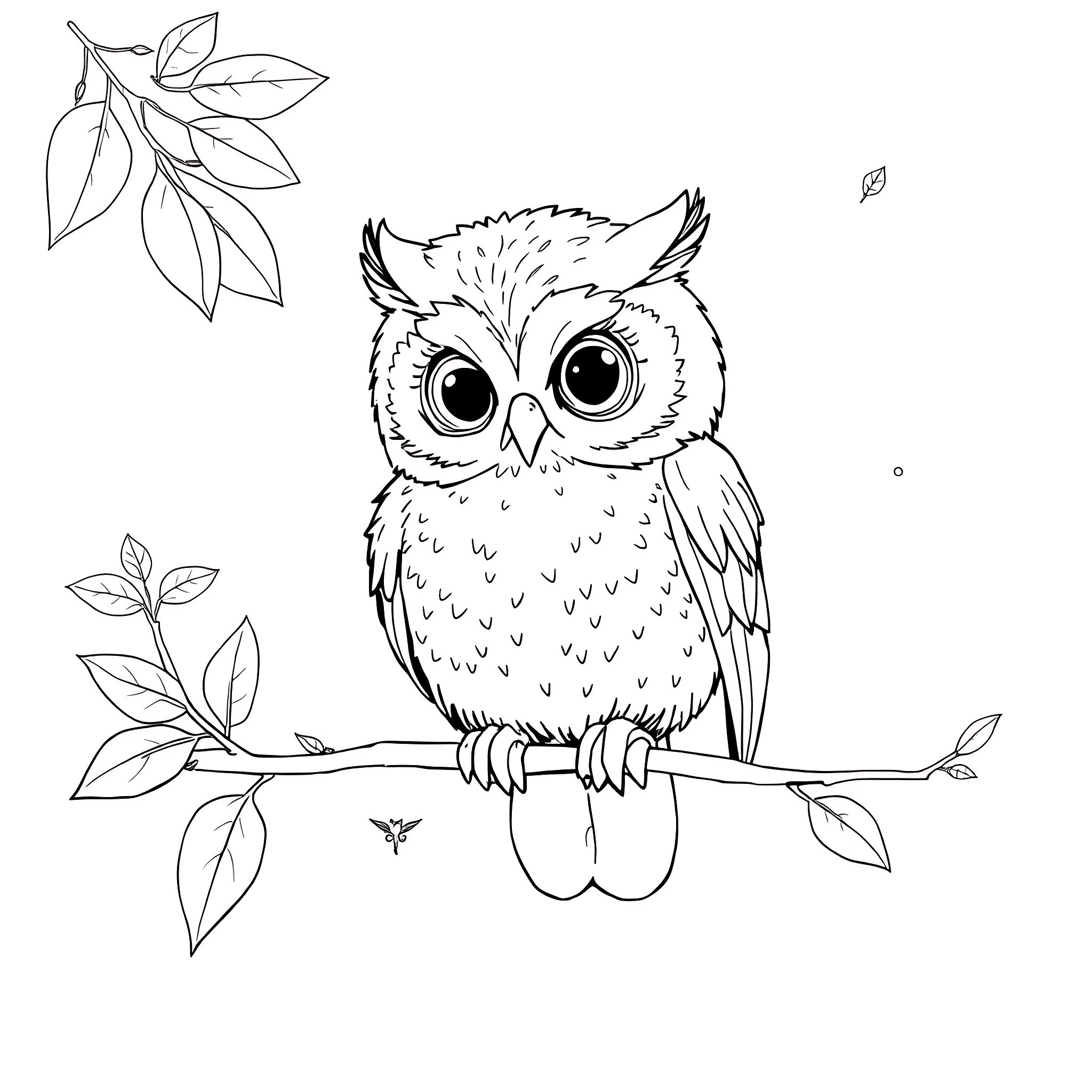 Baby Owl sitting on a branch Coloring Page (free black-and-white line drawing printable PDF for all, from beginners to advanced learners, including children, teens, adults, and seniors)