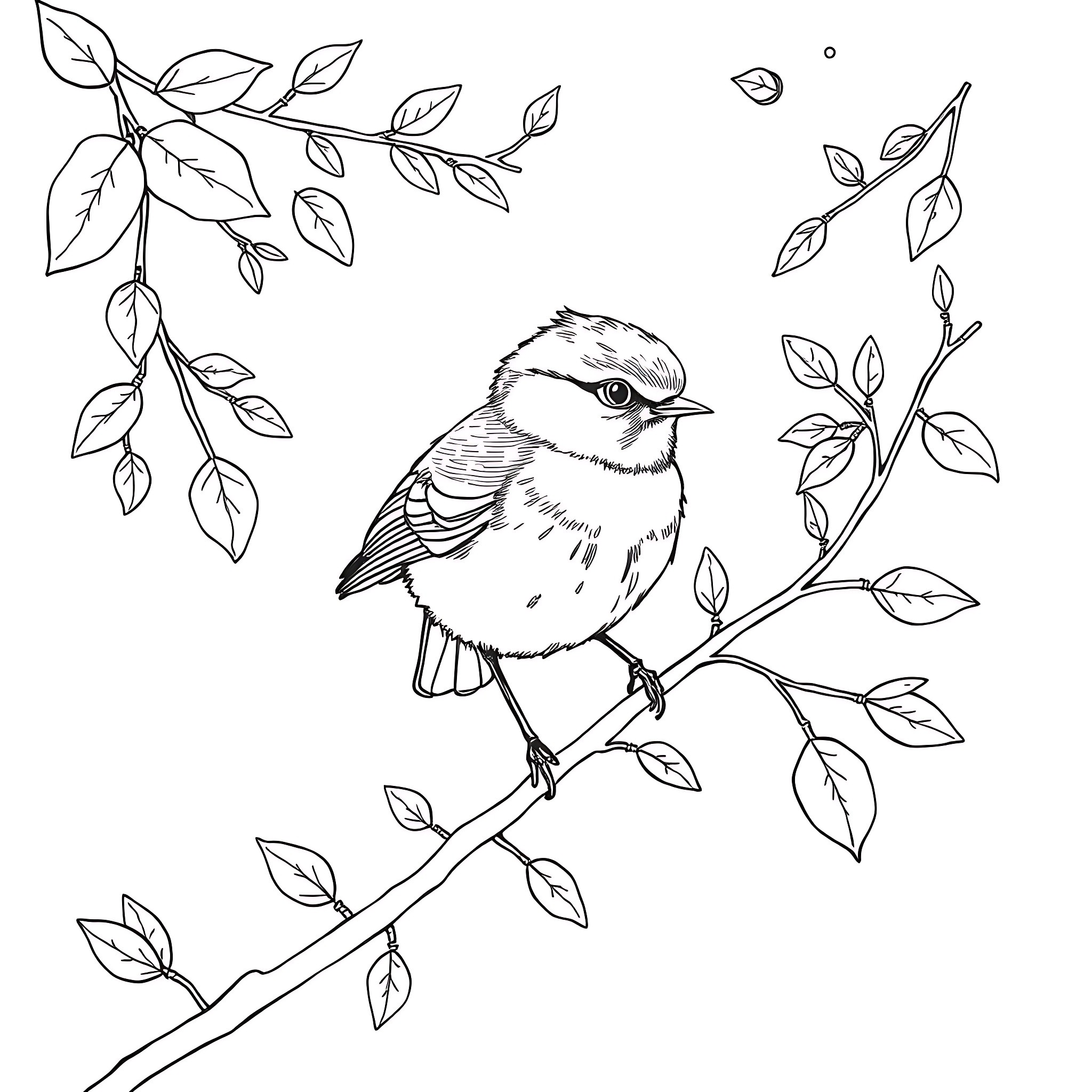 Sýkorka perched on leafy branch Coloring Page (free black-and-white line drawing printable PDF for all, from beginners to advanced learners, including children, teens, adults, and seniors)