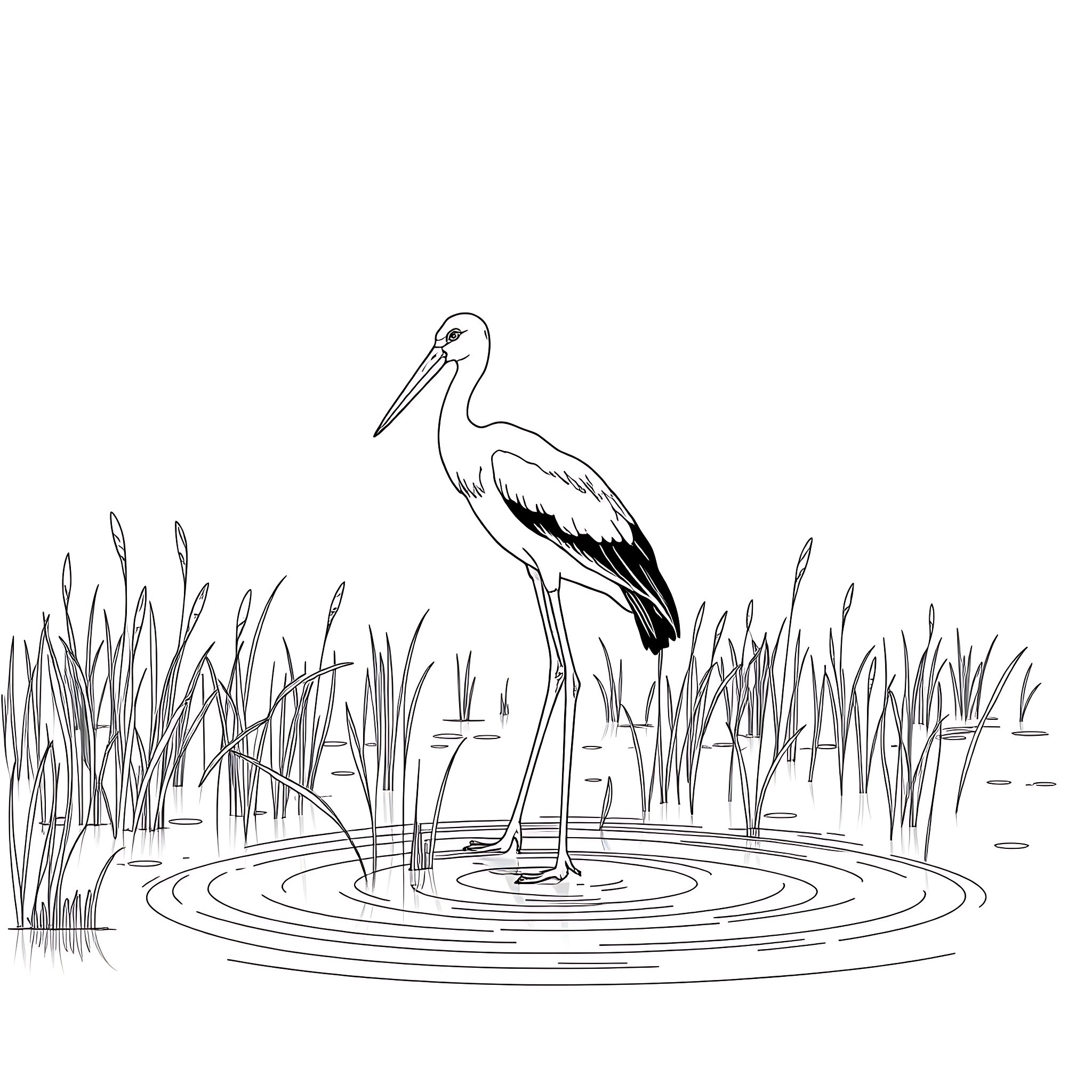Crane standing gracefully in a tranquil wetland Coloring Page (free black-and-white line drawing printable PDF for all, from beginners to advanced learners, including children, teens, adults, and seniors)