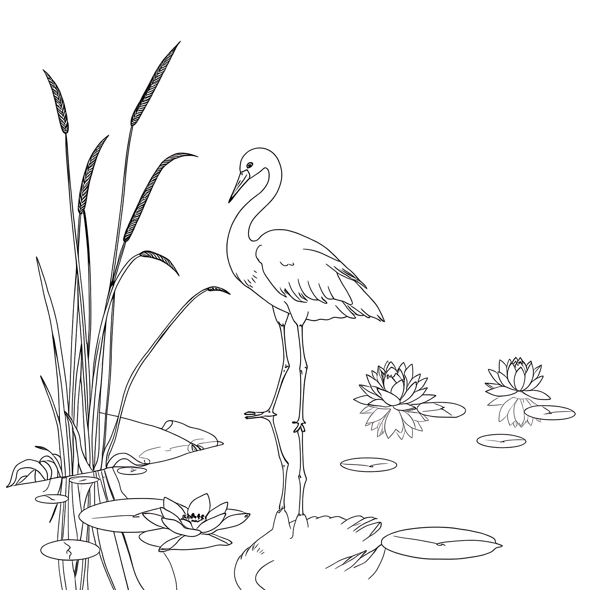 Volavka - Graceful swan amidst lilies Coloring Page (free black-and-white line drawing printable PDF for all, from beginners to advanced learners, including children, teens, adults, and seniors)
