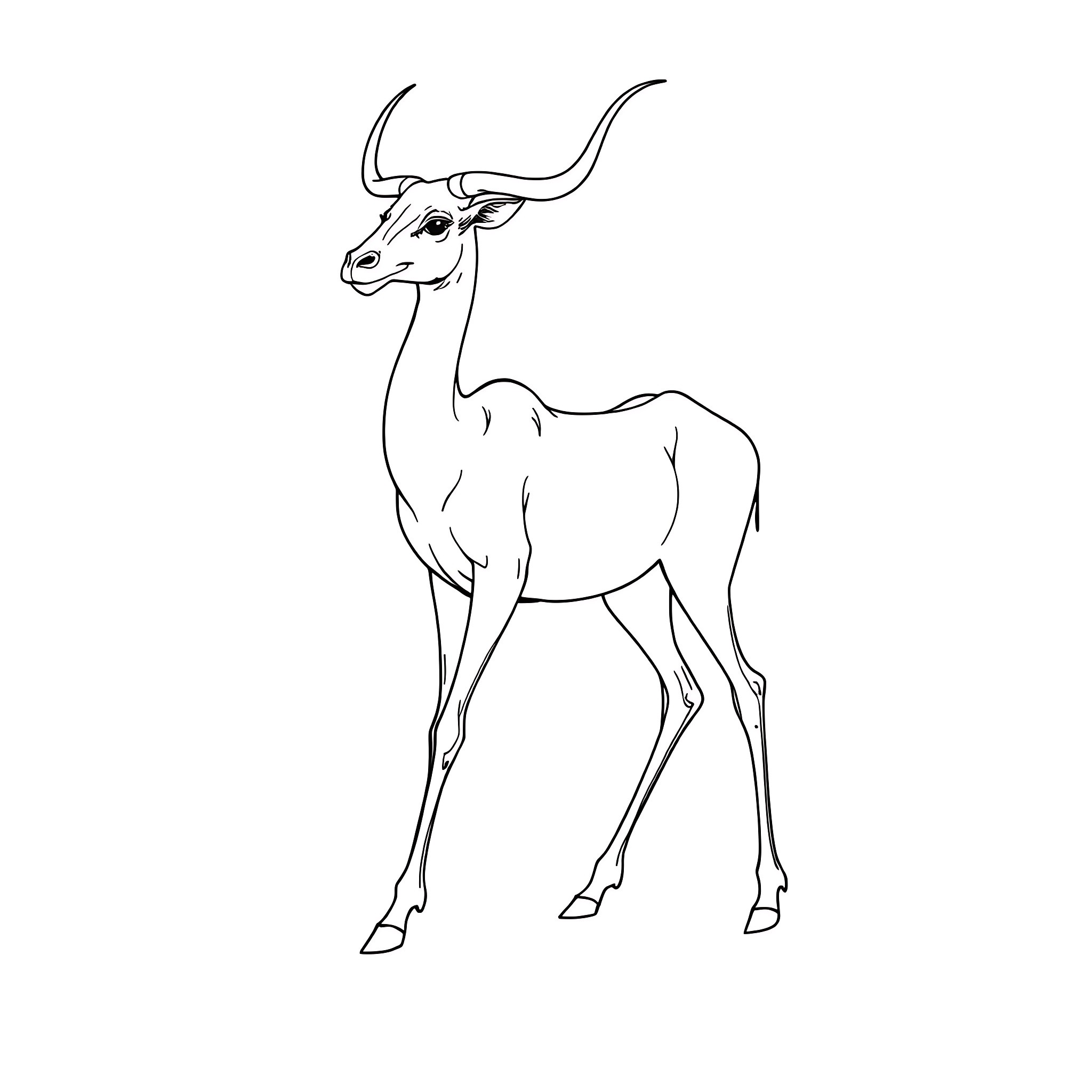 Volavka: Antelope Standing Gracefully Coloring Page (free black-and-white line drawing printable PDF for all, from beginners to advanced learners, including children, teens, adults, and seniors)