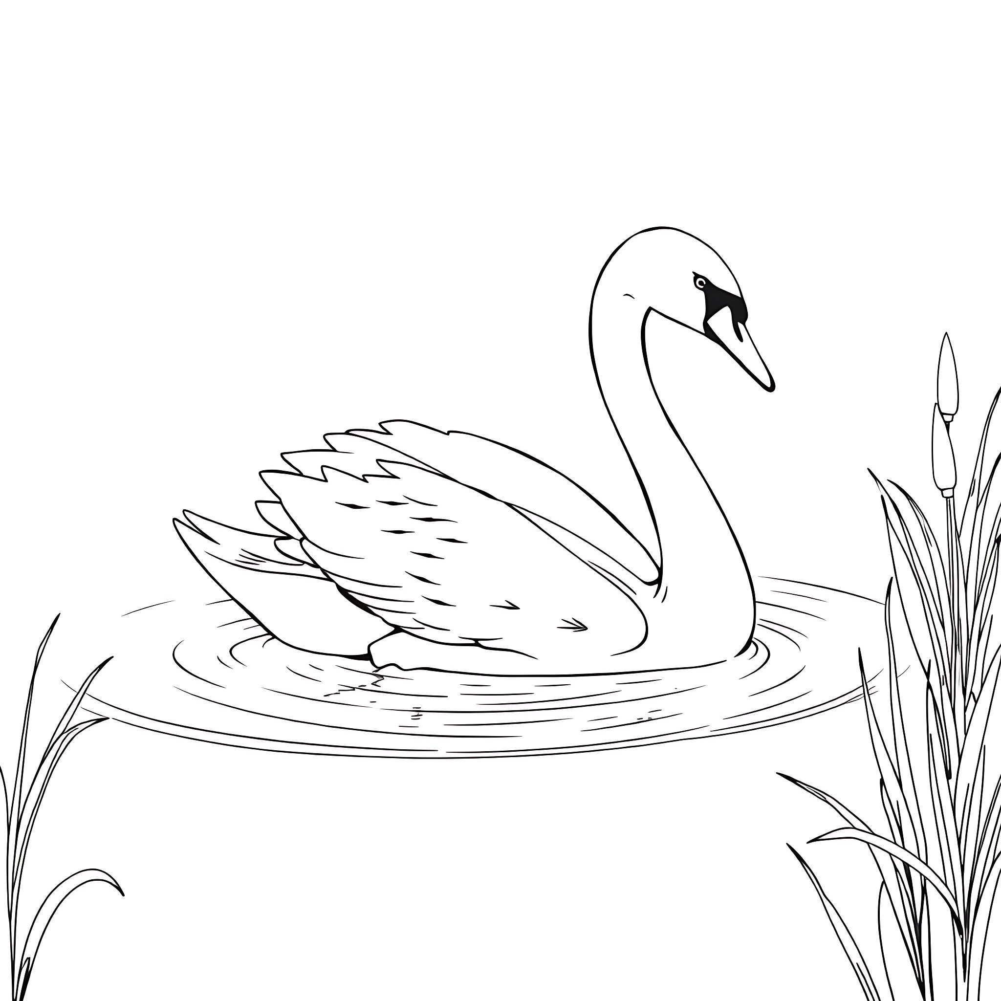 Swan Swimming Gracefully in the Pond Coloring Page (free black-and-white line drawing printable PDF for all, from beginners to advanced learners, including children, teens, adults, and seniors)