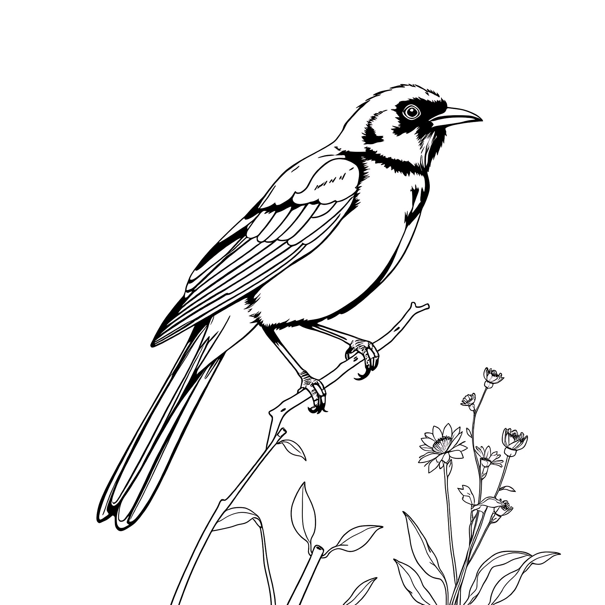 Blackbird perched on branch with flowers Coloring Page (free black-and-white line drawing printable PDF for all, from beginners to advanced learners, including children, teens, adults, and seniors)
