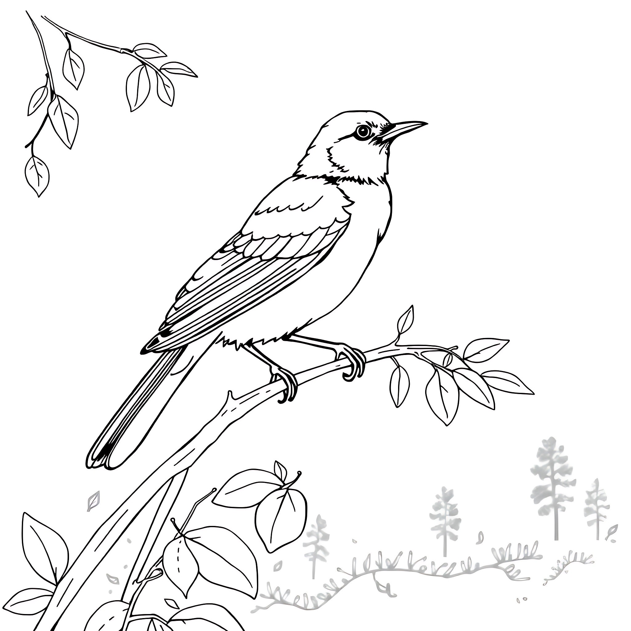 Blackbird perched on a branch with leaves Coloring Page (free black-and-white line drawing printable PDF for all, from beginners to advanced learners, including children, teens, adults, and seniors)