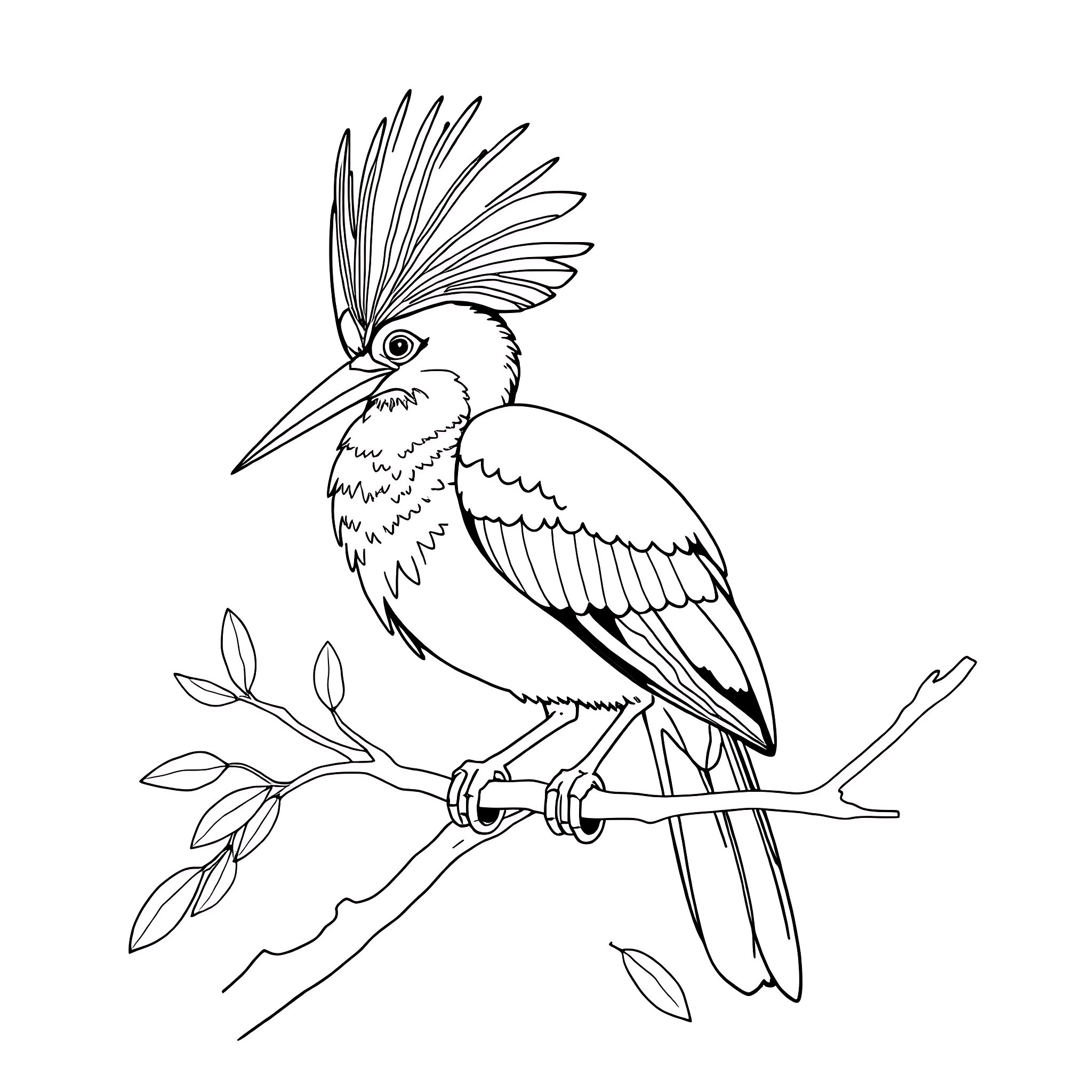 Hoopoe bird perched on a branch Coloring Page (free black-and-white line drawing printable PDF for all, from beginners to advanced learners, including children, teens, adults, and seniors)