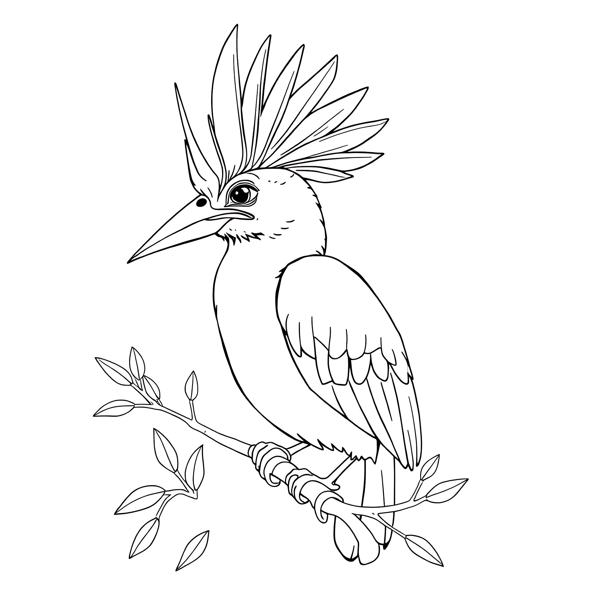 Hoopoe bird perching on a branch Coloring Page (free black-and-white line drawing printable PDF for all, from beginners to advanced learners, including children, teens, adults, and seniors)