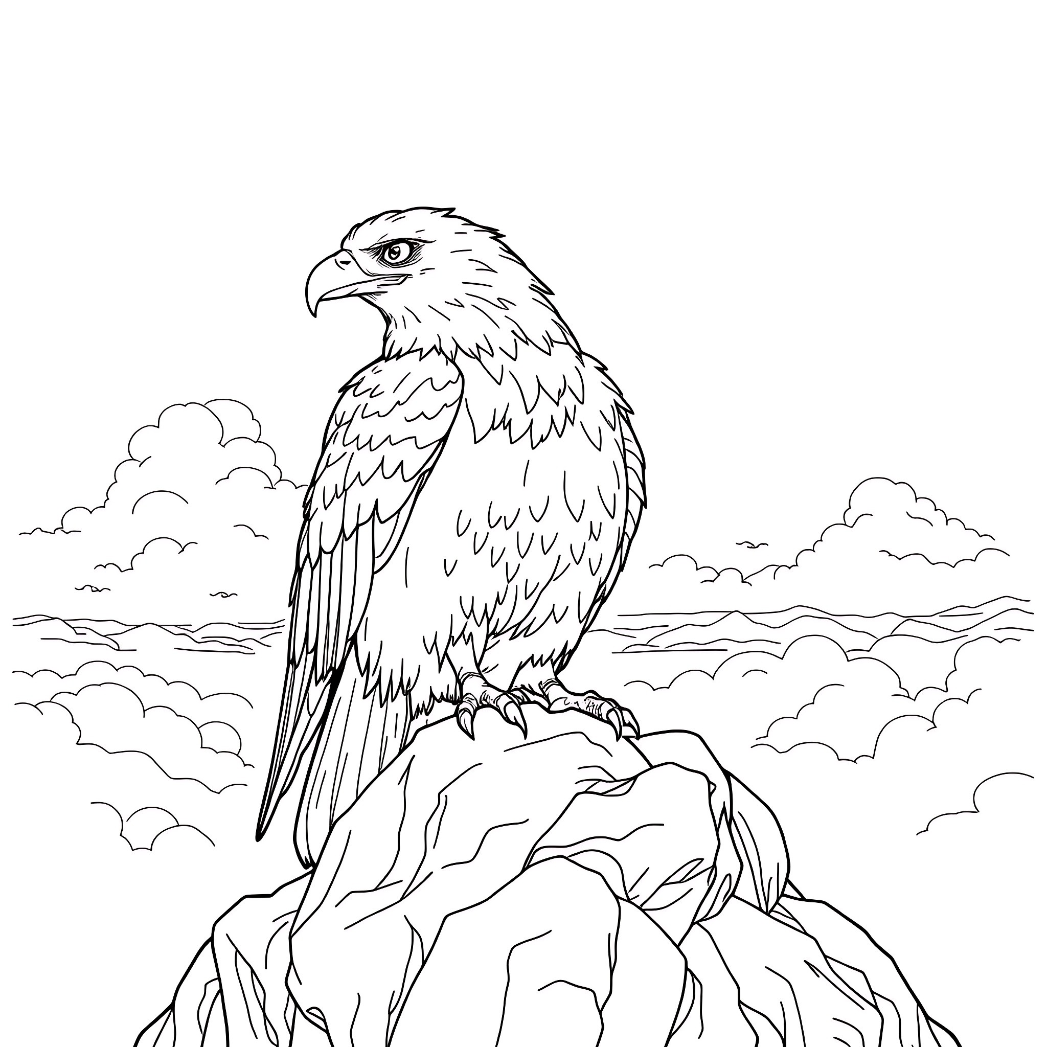 Eagle perched majestically on a rocky outcrop Coloring Page (free black-and-white line drawing printable PDF for all, from beginners to advanced learners, including children, teens, adults, and seniors)