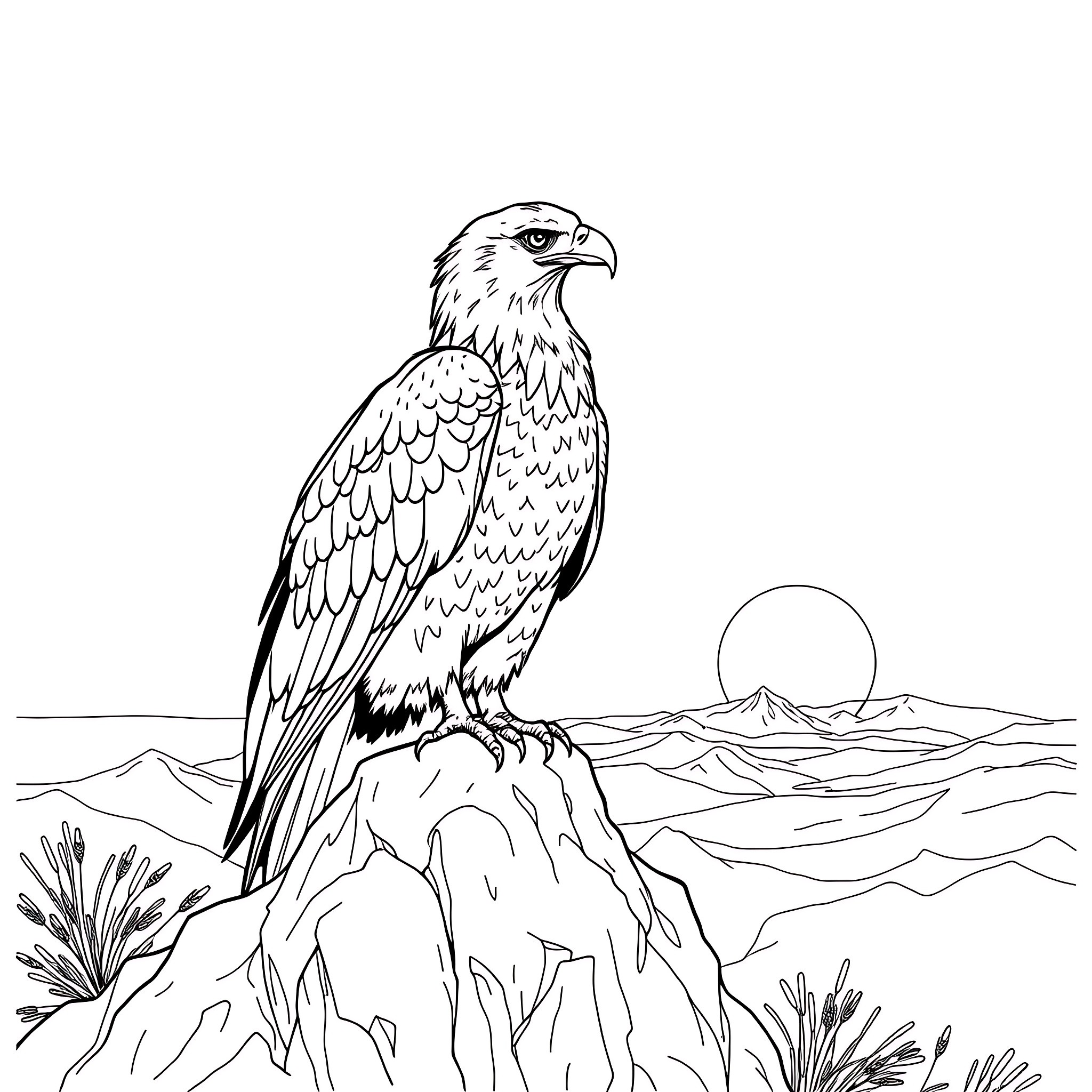 Eagle soaring majestically in the desert landscape Coloring Page (free black-and-white line drawing printable PDF for all, from beginners to advanced learners, including children, teens, adults, and seniors)