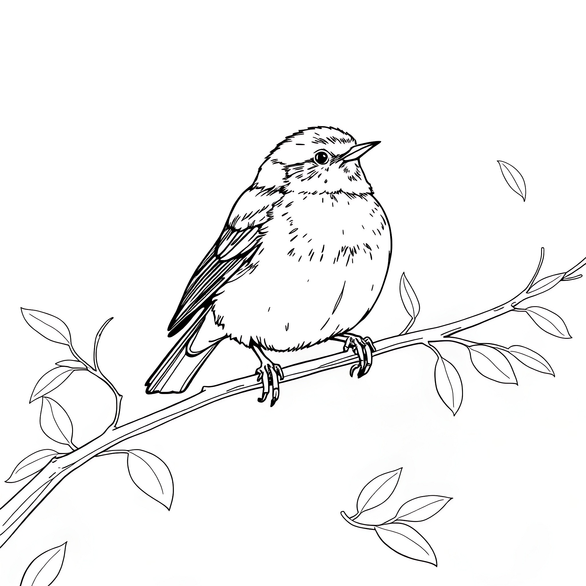 Robin perched on a branch with leaves Coloring Page (free black-and-white line drawing printable PDF for all, from beginners to advanced learners, including children, teens, adults, and seniors)
