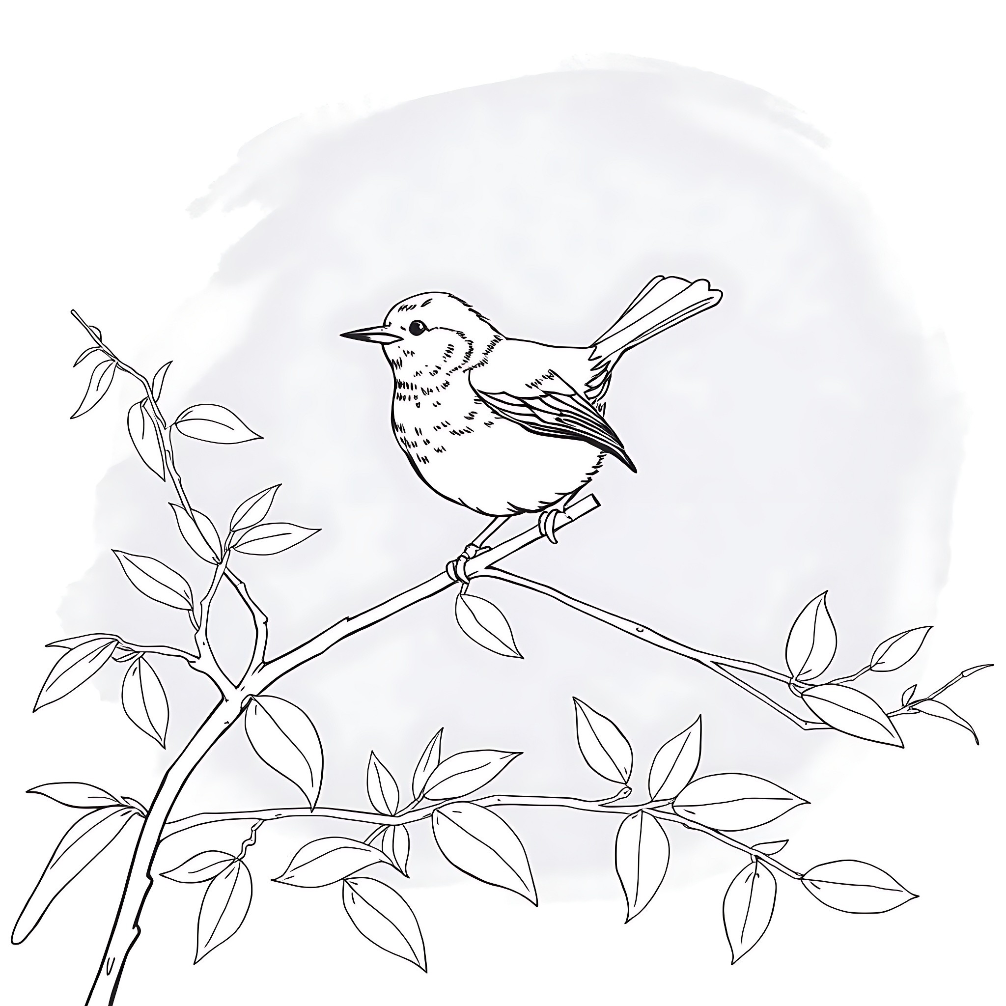 Nightingale perched on a leafy branch Coloring Page (free black-and-white line drawing printable PDF for all, from beginners to advanced learners, including children, teens, adults, and seniors)