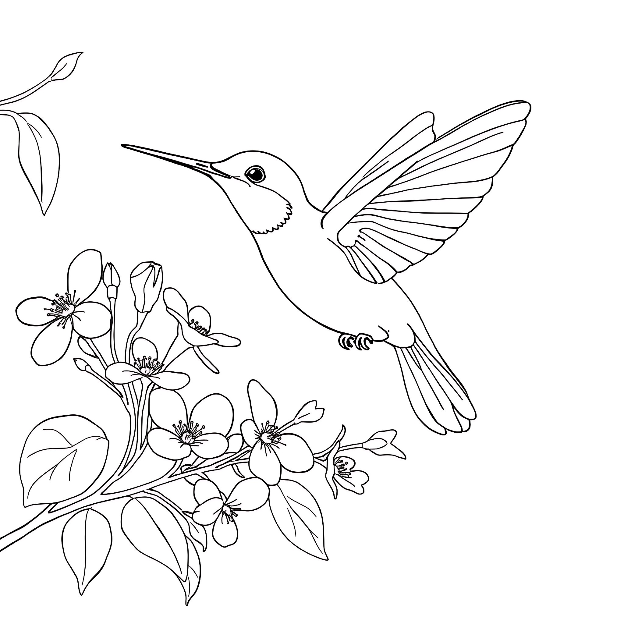 Hummingbird hovering near blooming flowers Coloring Page (free black-and-white line drawing printable PDF for all, from beginners to advanced learners, including children, teens, adults, and seniors)