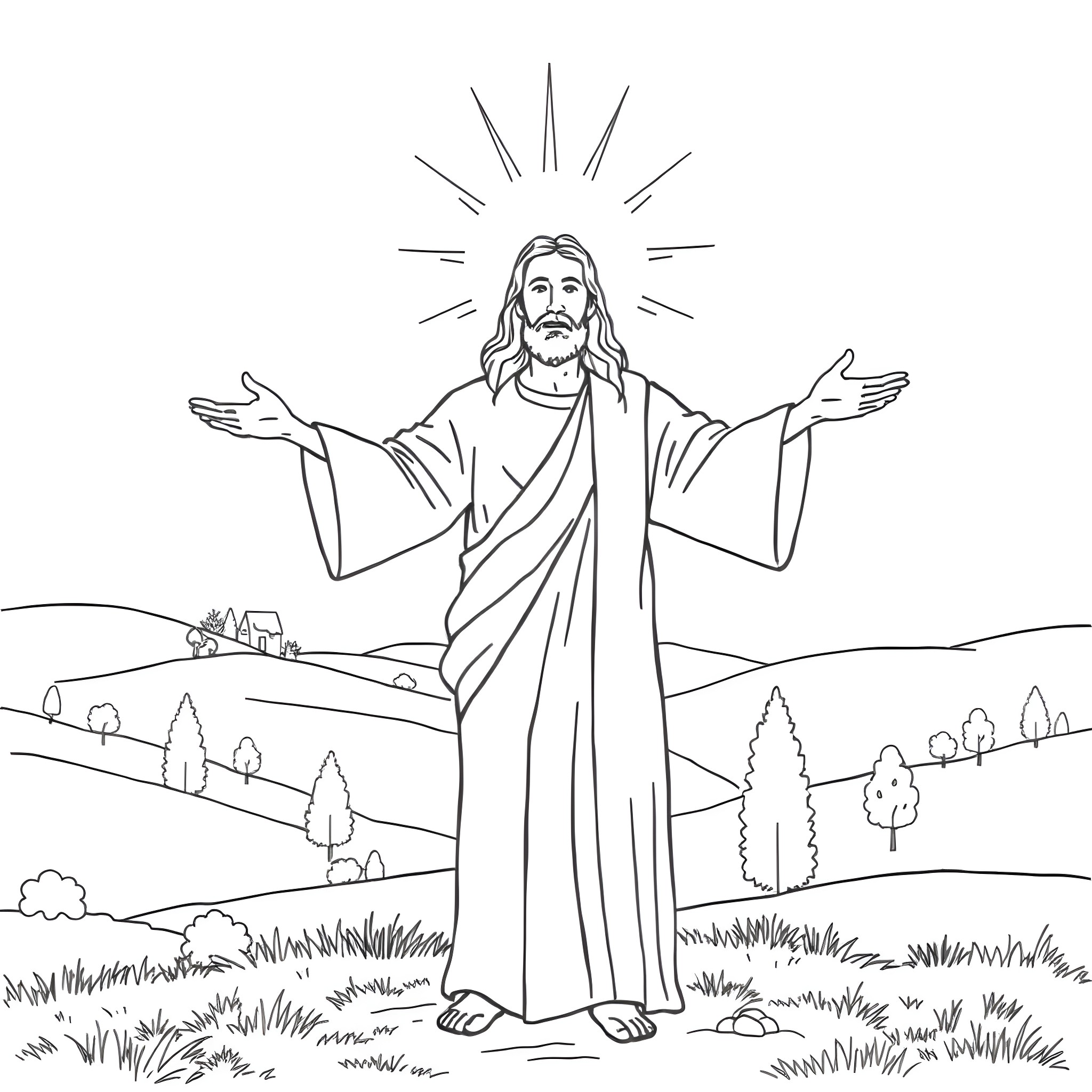 Jesus teaching with open arms in a serene landscape Coloring Page (free black-and-white line drawing printable PDF for all, from beginners to advanced learners, including children, teens, adults, and seniors)