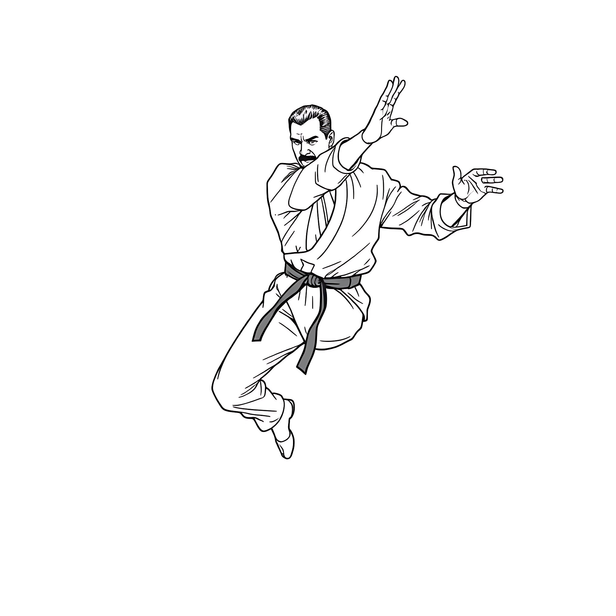 Seagal in Dramatic Karate Pose Coloring Page (free black-and-white line drawing printable PDF for all, from beginners to advanced learners, including children, teens, adults, and seniors)