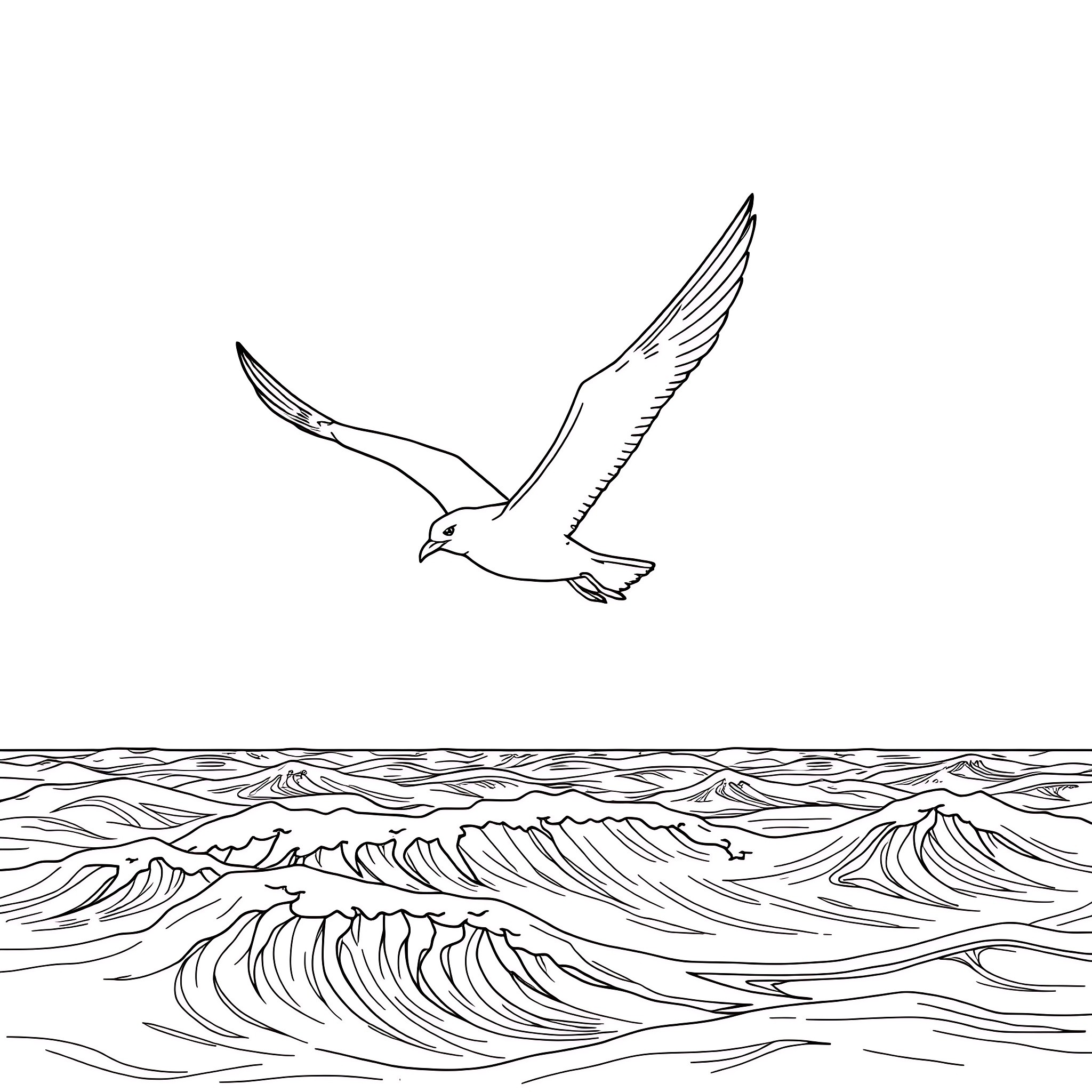 Bird soaring gracefully over stormy ocean waves Coloring Page (free black-and-white line drawing printable PDF for all, from beginners to advanced learners, including children, teens, adults, and seniors)