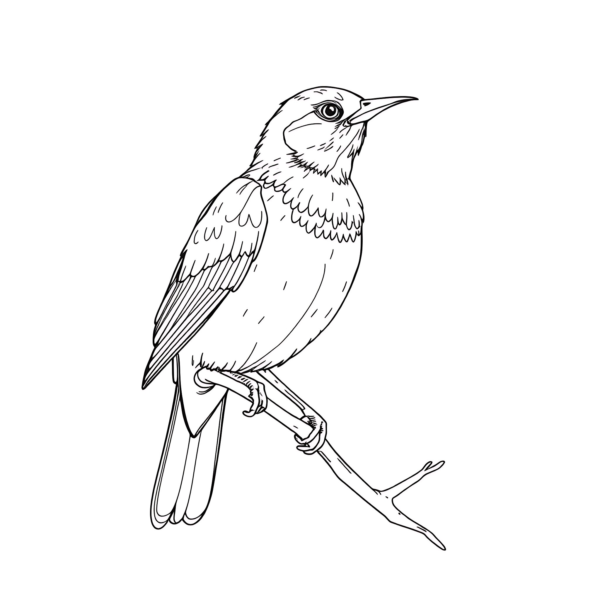 Bird perched on a branch Coloring Page (free black-and-white line drawing printable PDF for all, from beginners to advanced learners, including children, teens, adults, and seniors)
