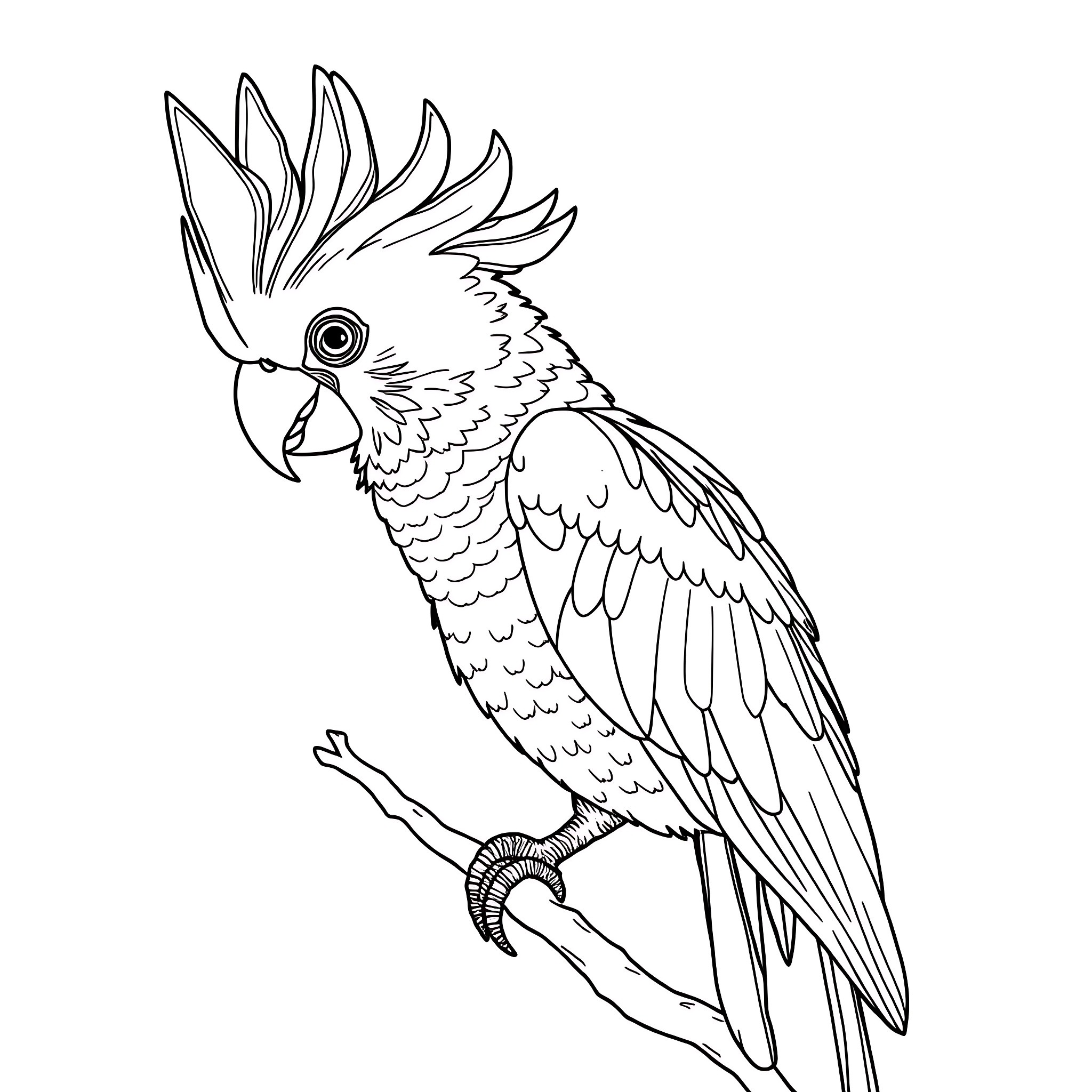 Cockatoo perched on a branch with open wings Coloring Page (free black-and-white line drawing printable PDF for all, from beginners to advanced learners, including children, teens, adults, and seniors)