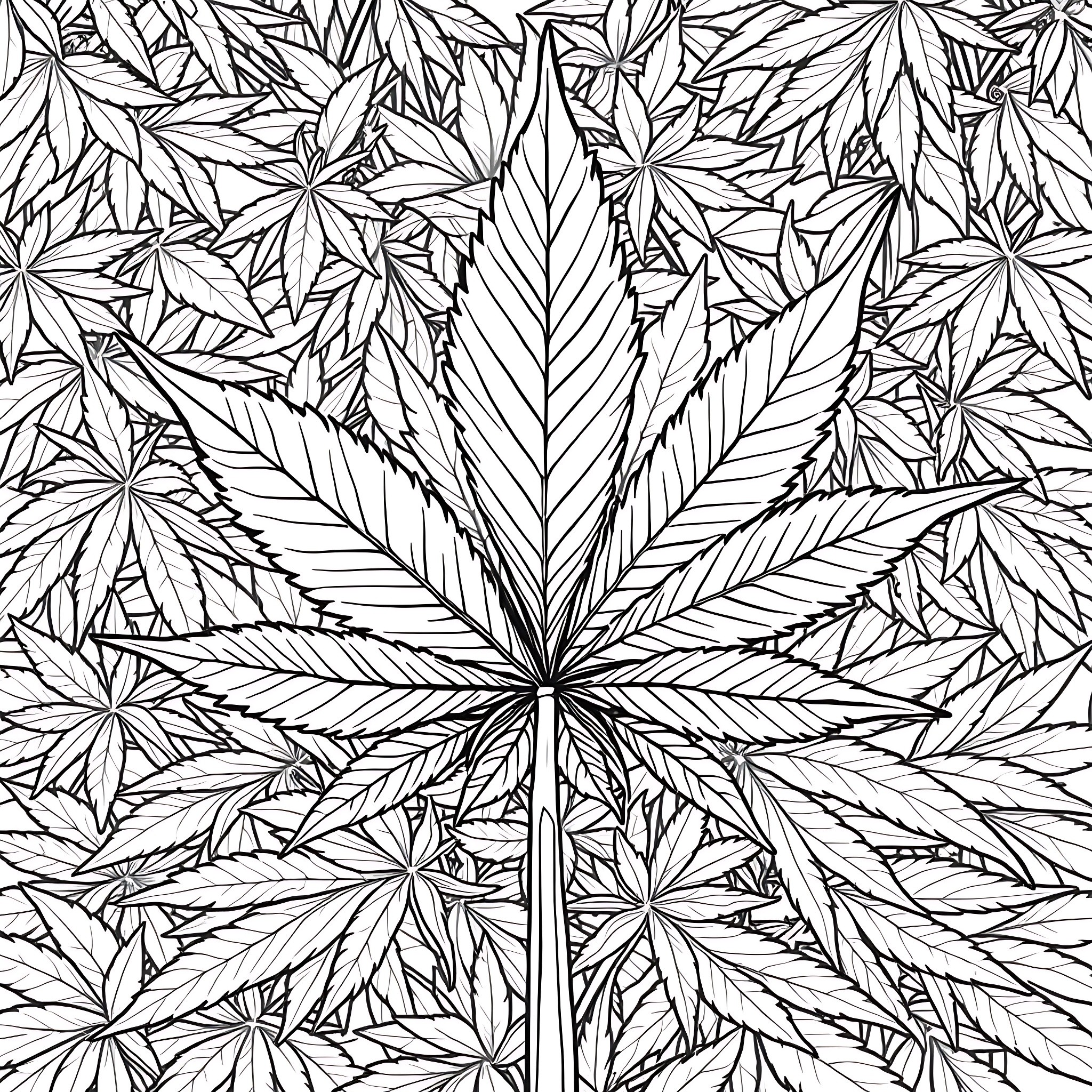 Cannabis Leaf Silhouette Pattern Coloring Page (free black-and-white line drawing printable PDF for all, from beginners to advanced learners, including children, teens, adults, and seniors)