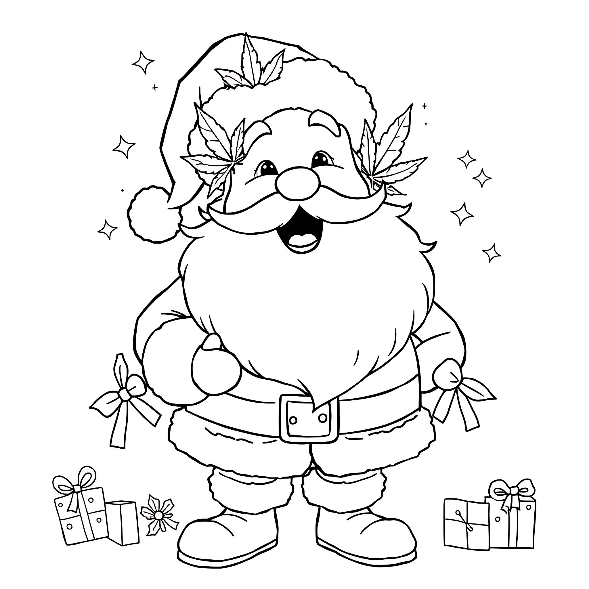 Santa Claus in festive outfit with holiday decorations Coloring Page (free black-and-white line drawing printable PDF for all, from beginners to advanced learners, including children, teens, adults, and seniors)
