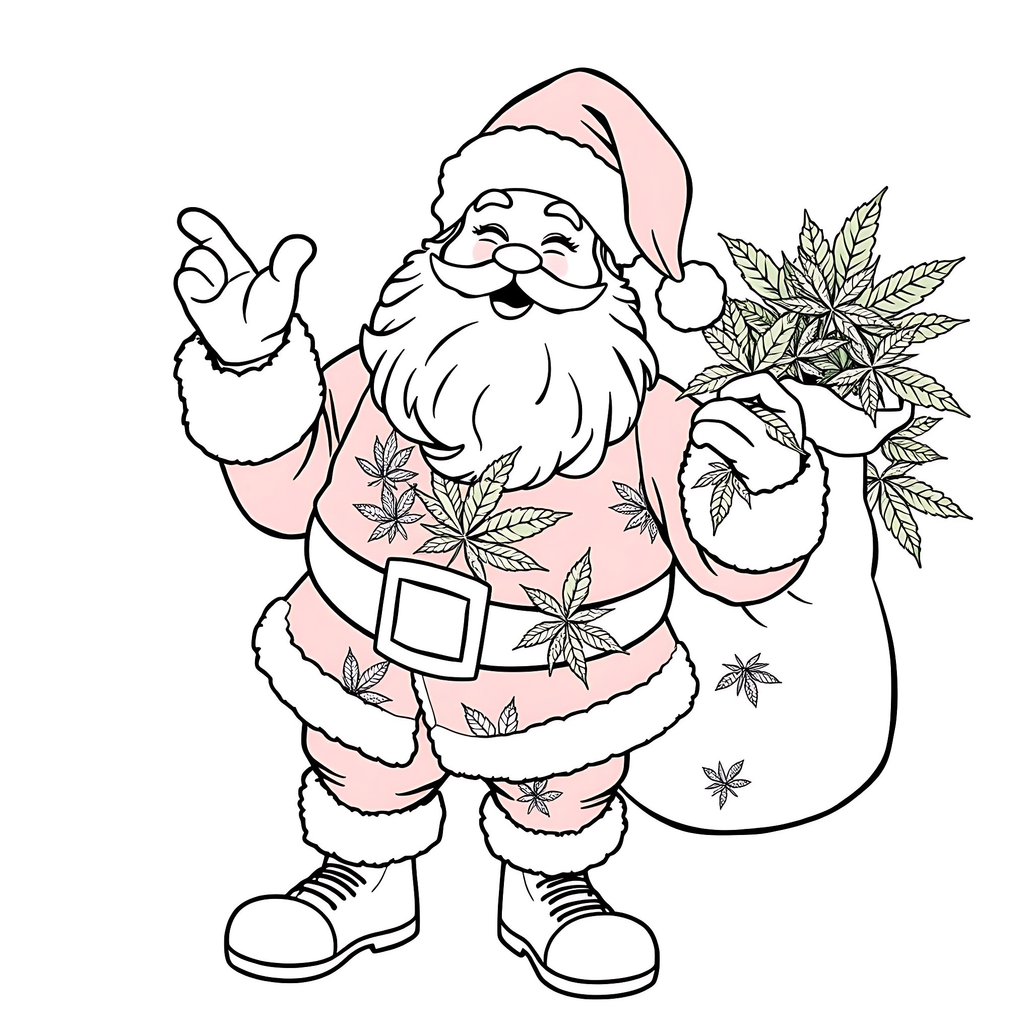 Santa with cannabis leaves and sack Coloring Page (free black-and-white line drawing printable PDF for all, from beginners to advanced learners, including children, teens, adults, and seniors)