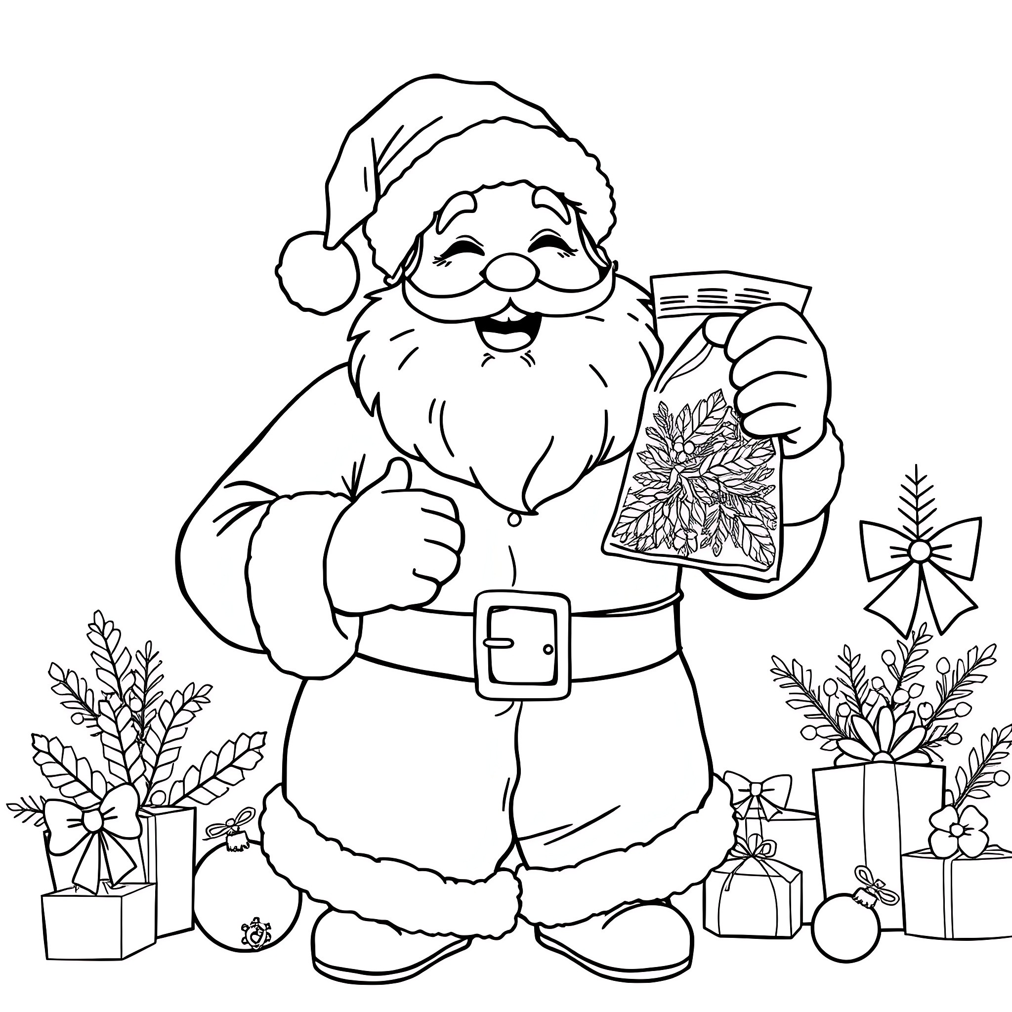 Santa Claus delivering Christmas gifts and joy Coloring Page (free black-and-white line drawing printable PDF for all, from beginners to advanced learners, including children, teens, adults, and seniors)