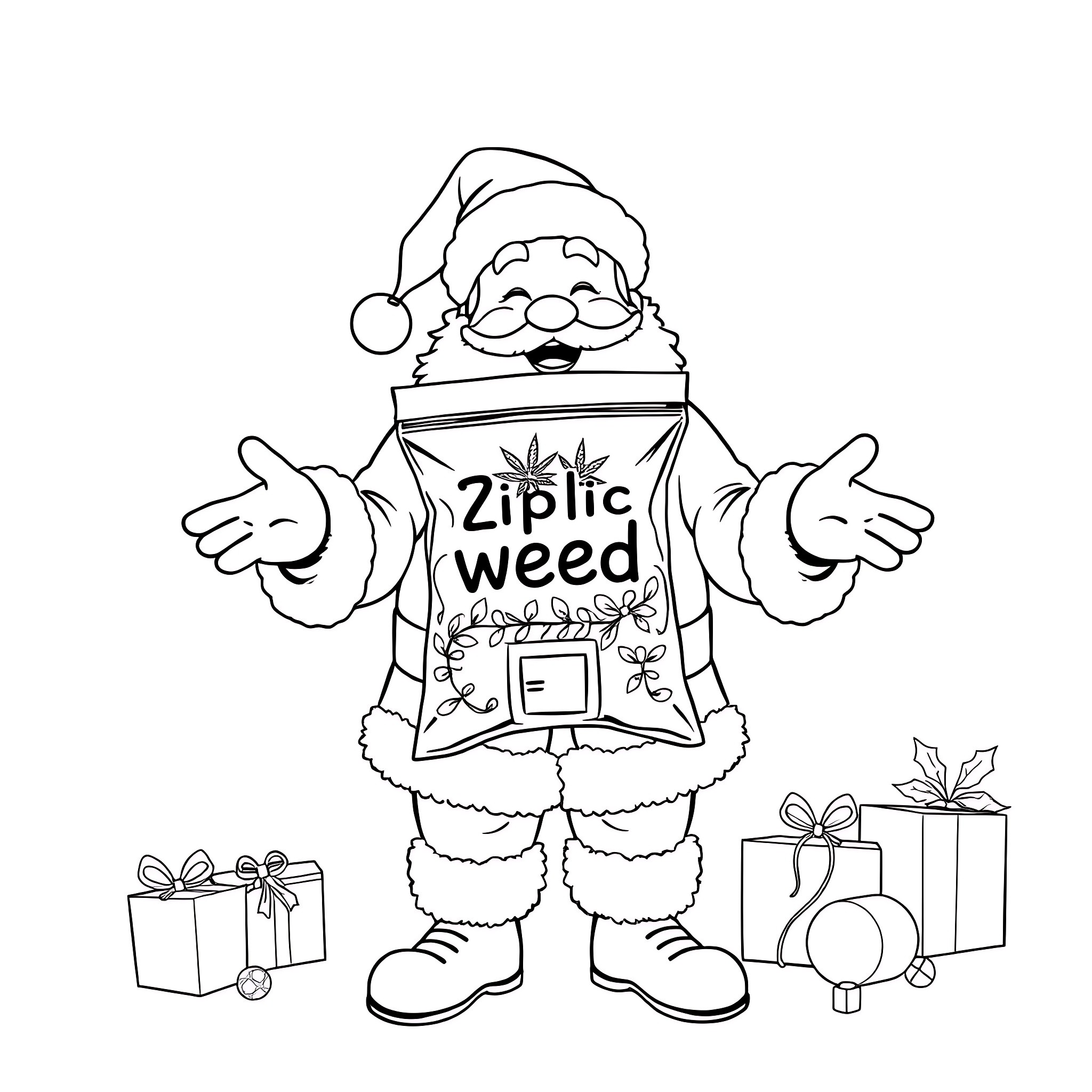 Santa holding a Ziplic weed bag with presents Coloring Page (free black-and-white line drawing printable PDF for all, from beginners to advanced learners, including children, teens, adults, and seniors)