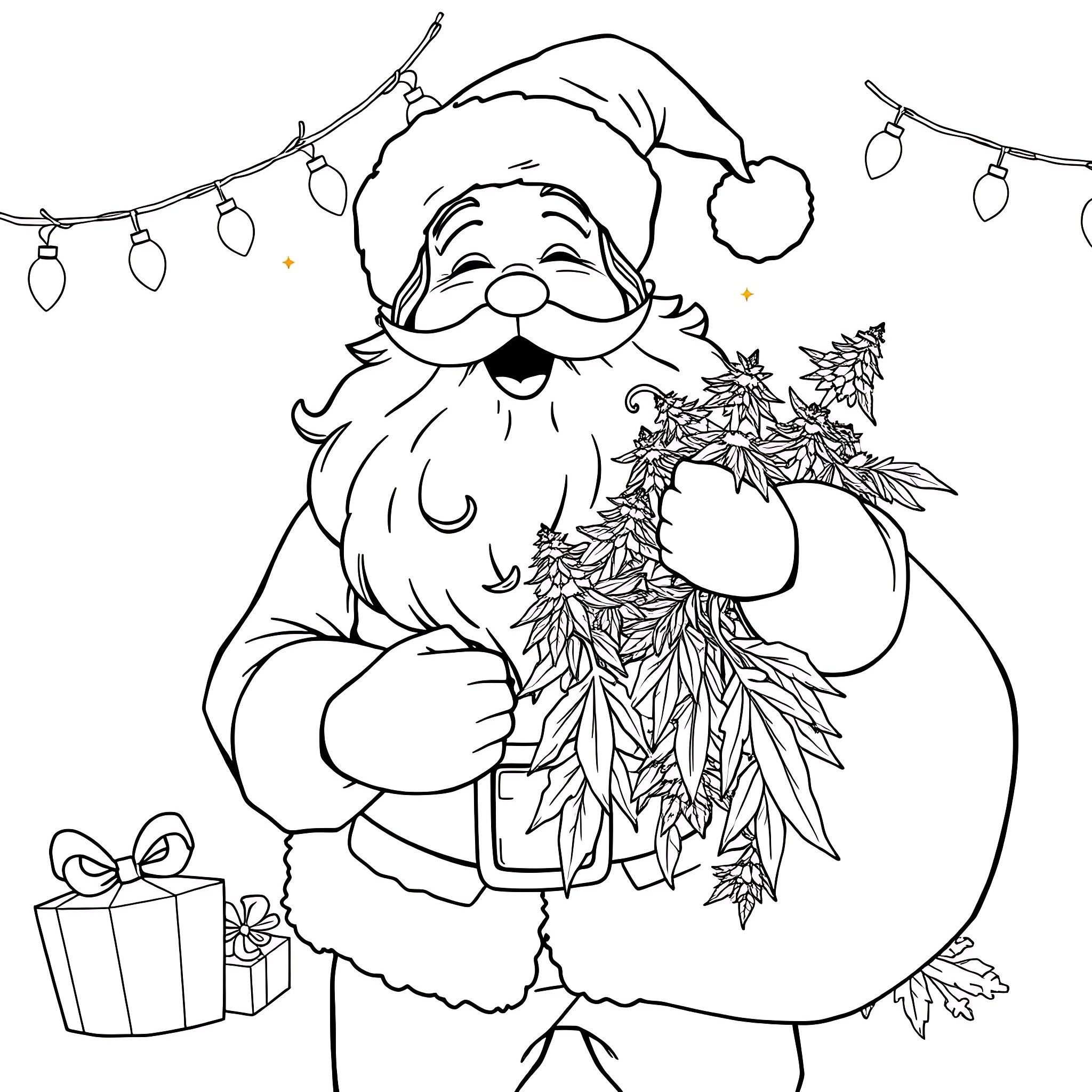 Santa Claus Holding Leaves and Gift Coloring Page (free black-and-white line drawing printable PDF for all, from beginners to advanced learners, including children, teens, adults, and seniors)