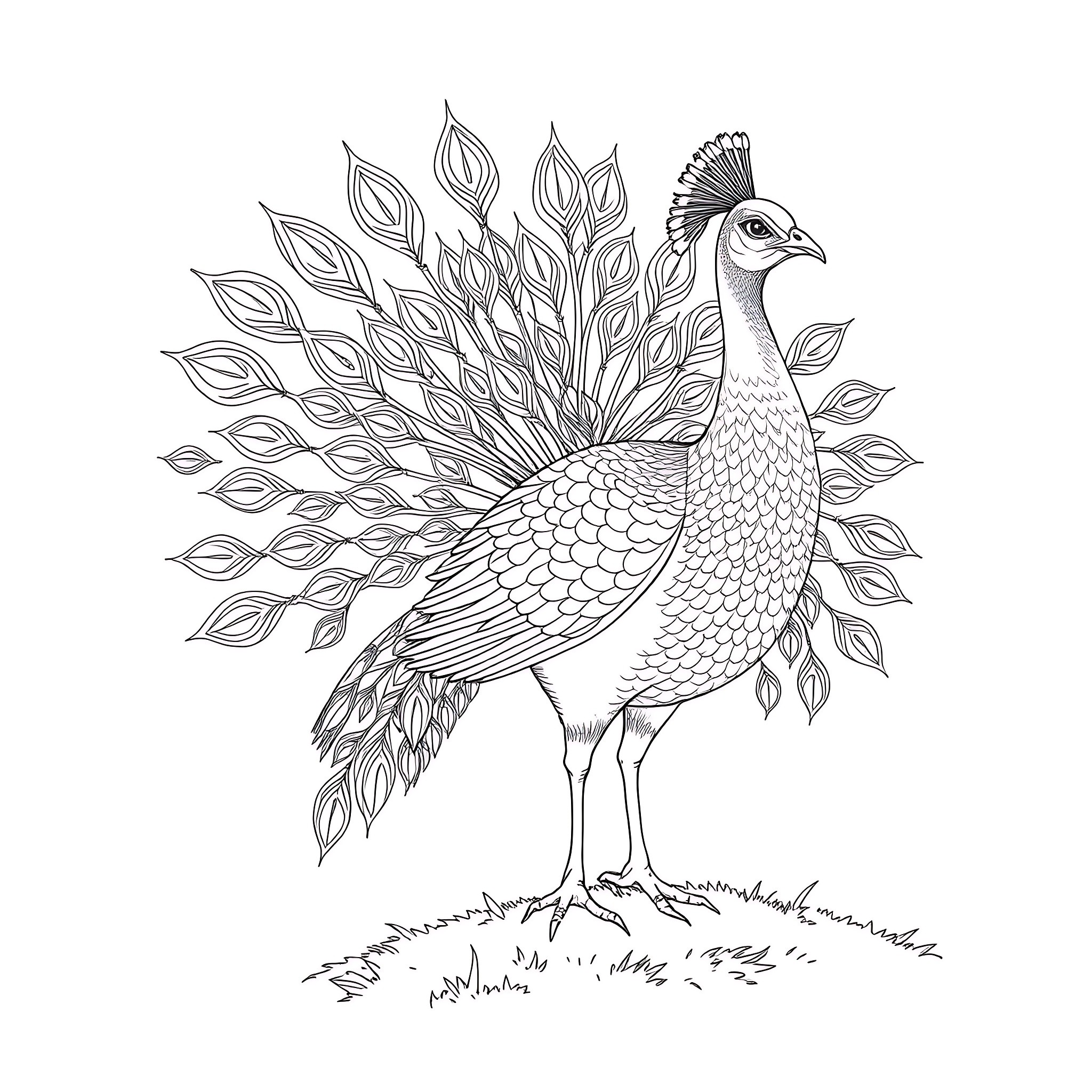 Peacock Feathers in Intricate Monochrome Design Coloring Page (free black-and-white line drawing printable PDF for all, from beginners to advanced learners, including children, teens, adults, and seniors)