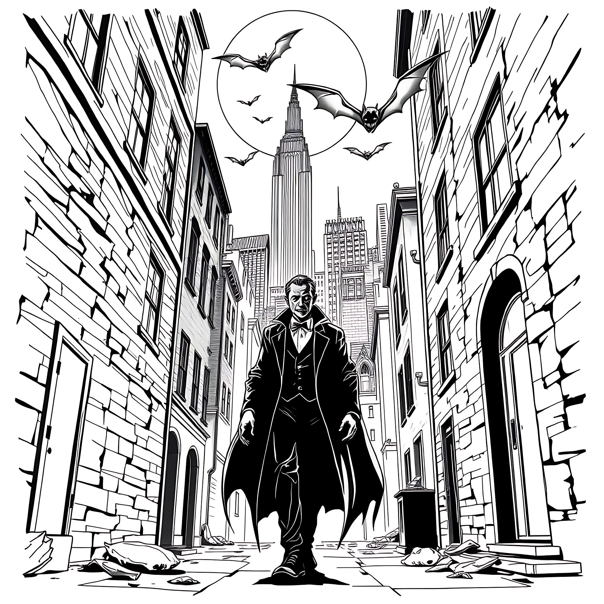 Vampire prowling the dark city streets Coloring Page (free black-and-white line drawing printable PDF for all, from beginners to advanced learners, including children, teens, adults, and seniors)