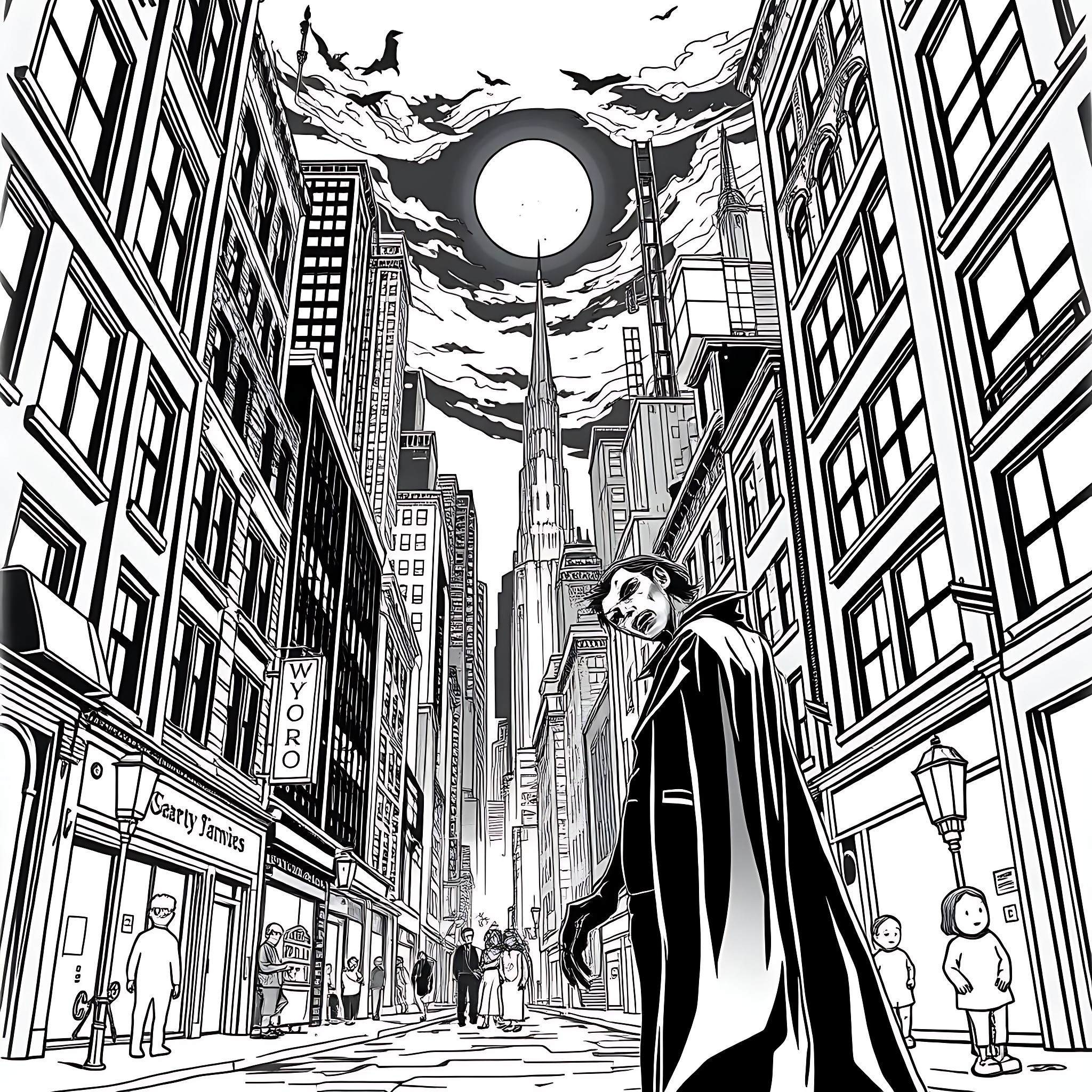 Vampire Stalking the Moonlit City Streets Coloring Page (free black-and-white line drawing printable PDF for all, from beginners to advanced learners, including children, teens, adults, and seniors)
