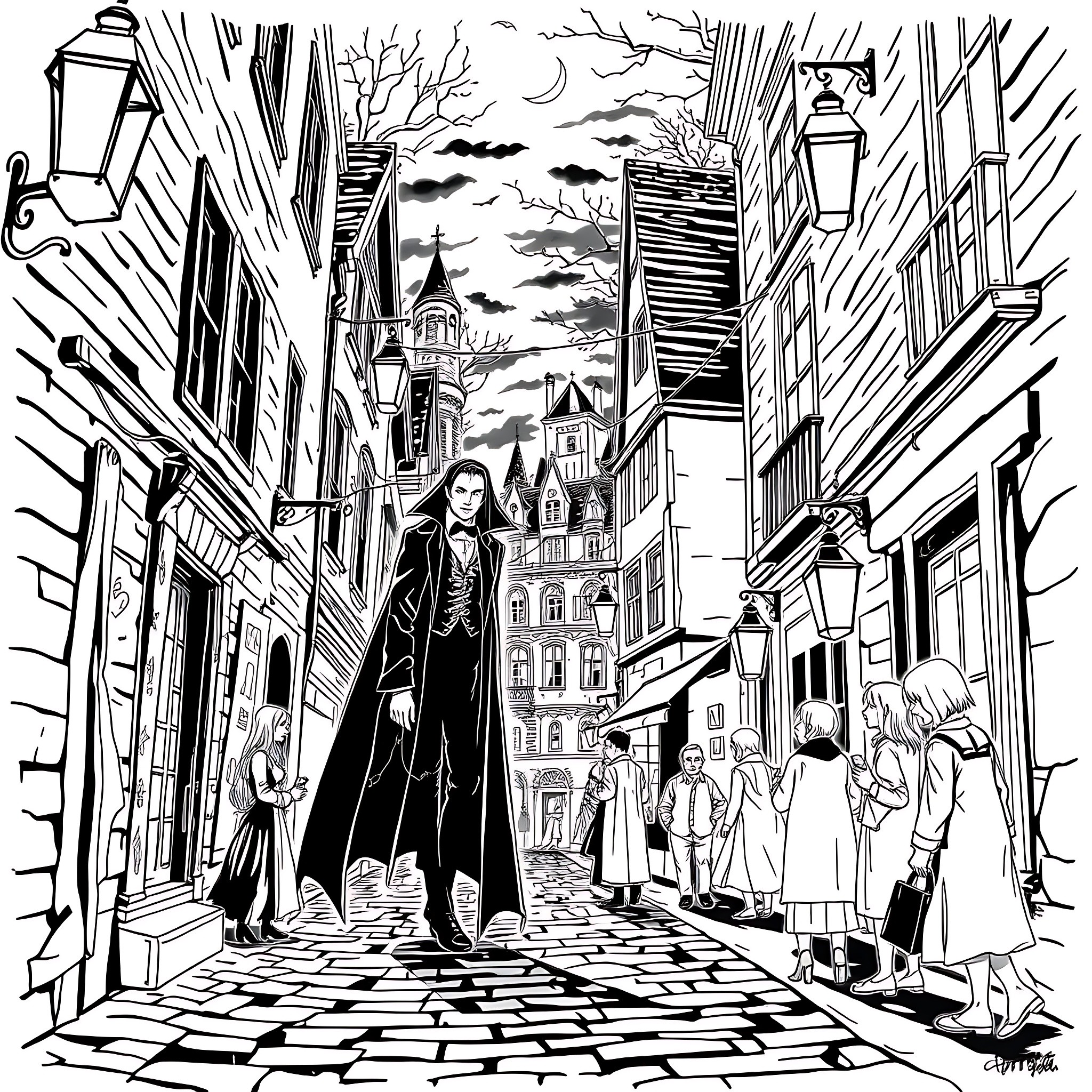 Vampire stalking through a gothic city street Coloring Page (free black-and-white line drawing printable PDF for all, from beginners to advanced learners, including children, teens, adults, and seniors)