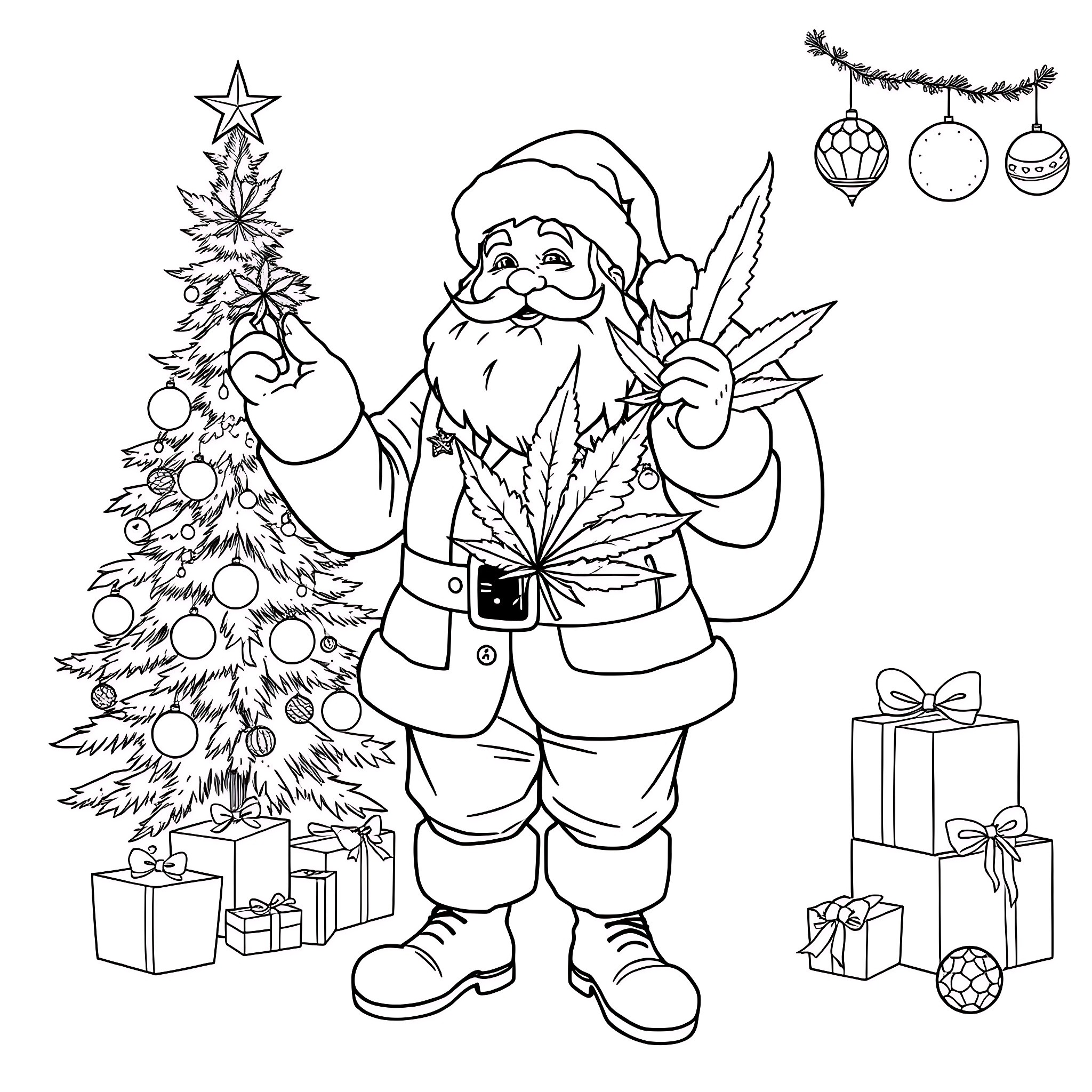 Santa decorating Christmas tree with ornaments Coloring Page (free black-and-white line drawing printable PDF for all, from beginners to advanced learners, including children, teens, adults, and seniors)