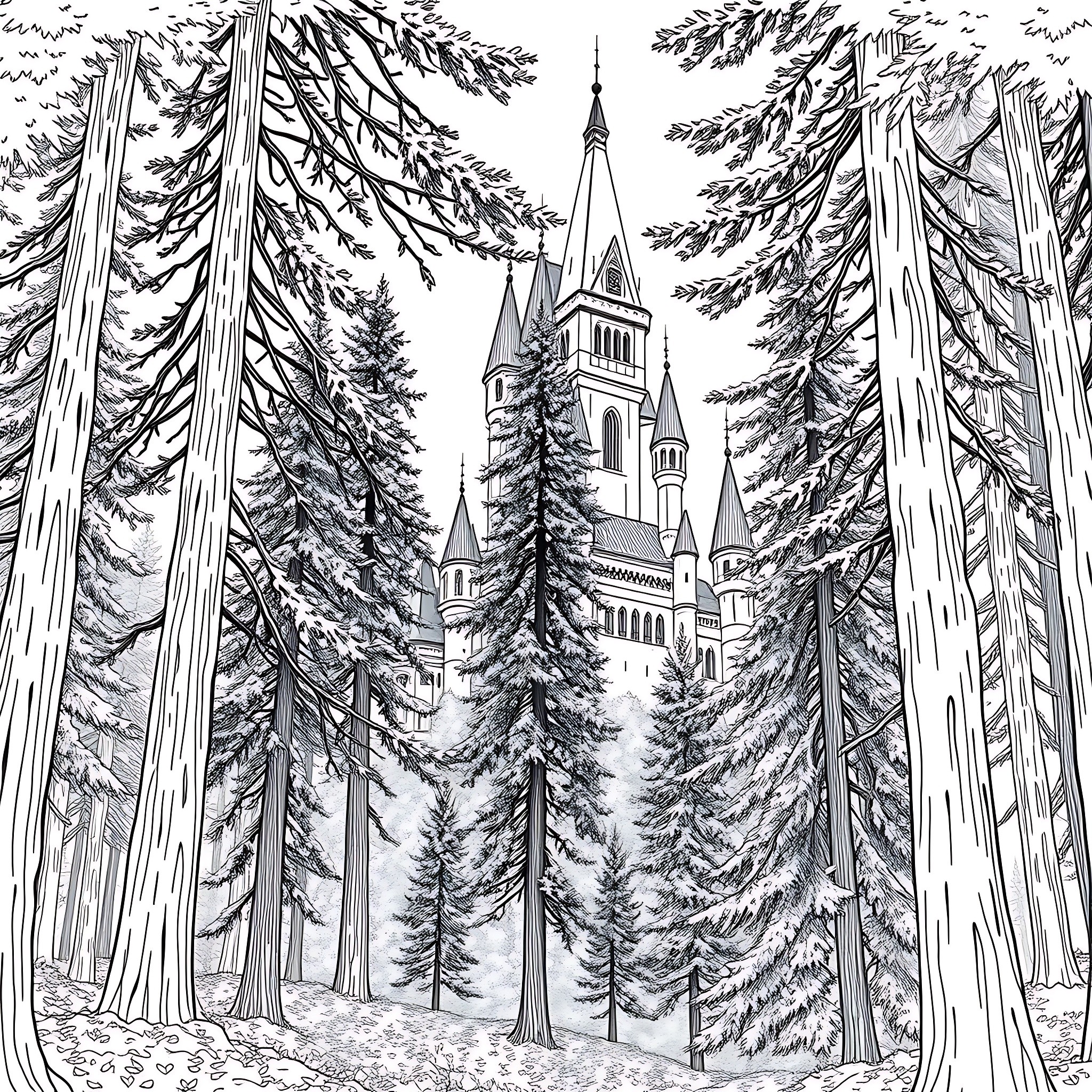 Castle in the Enchanted Forest Coloring Page (free black-and-white line drawing printable PDF for all, from beginners to advanced learners, including children, teens, adults, and seniors)