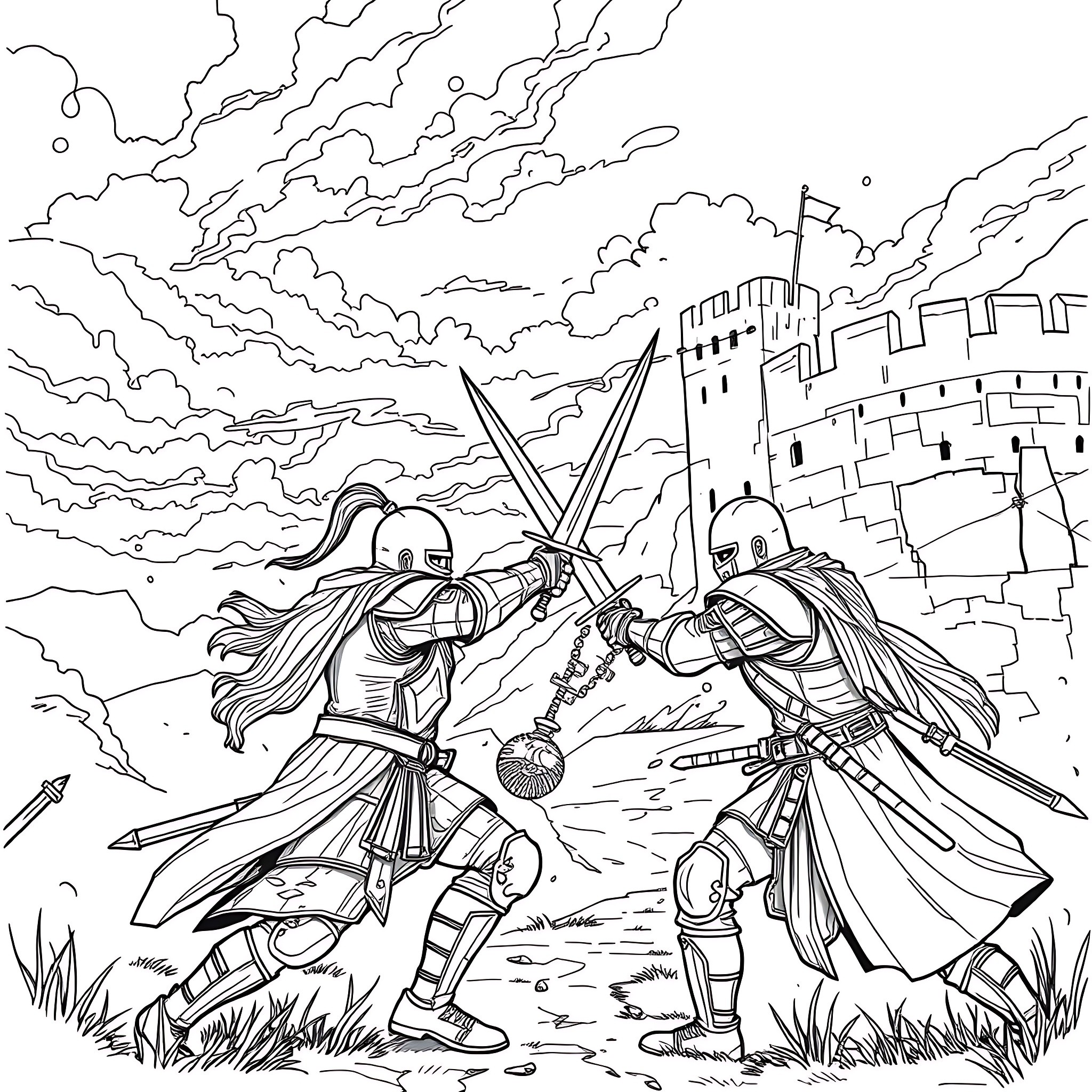 Sword fight between armored knights against castle backdrop Coloring Page (free black-and-white line drawing printable PDF for all, from beginners to advanced learners, including children, teens, adults, and seniors)