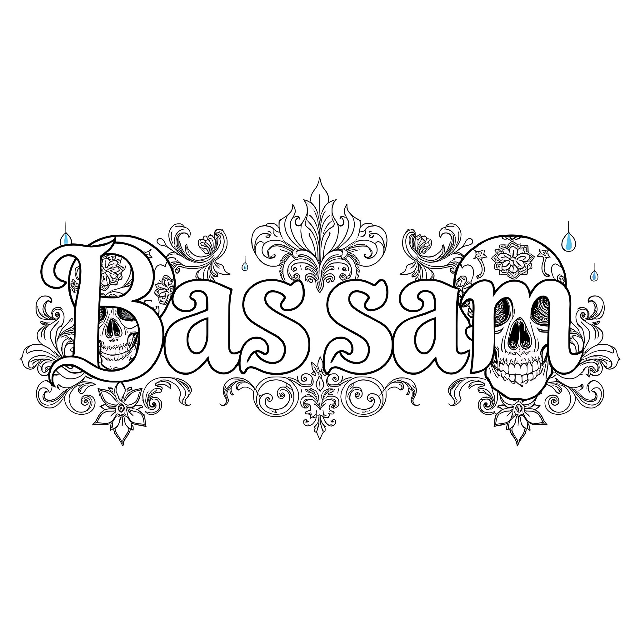 Bassam's Ornate Skull Artwork Coloring Page (free black-and-white line drawing printable PDF for all, from beginners to advanced learners, including children, teens, adults, and seniors)