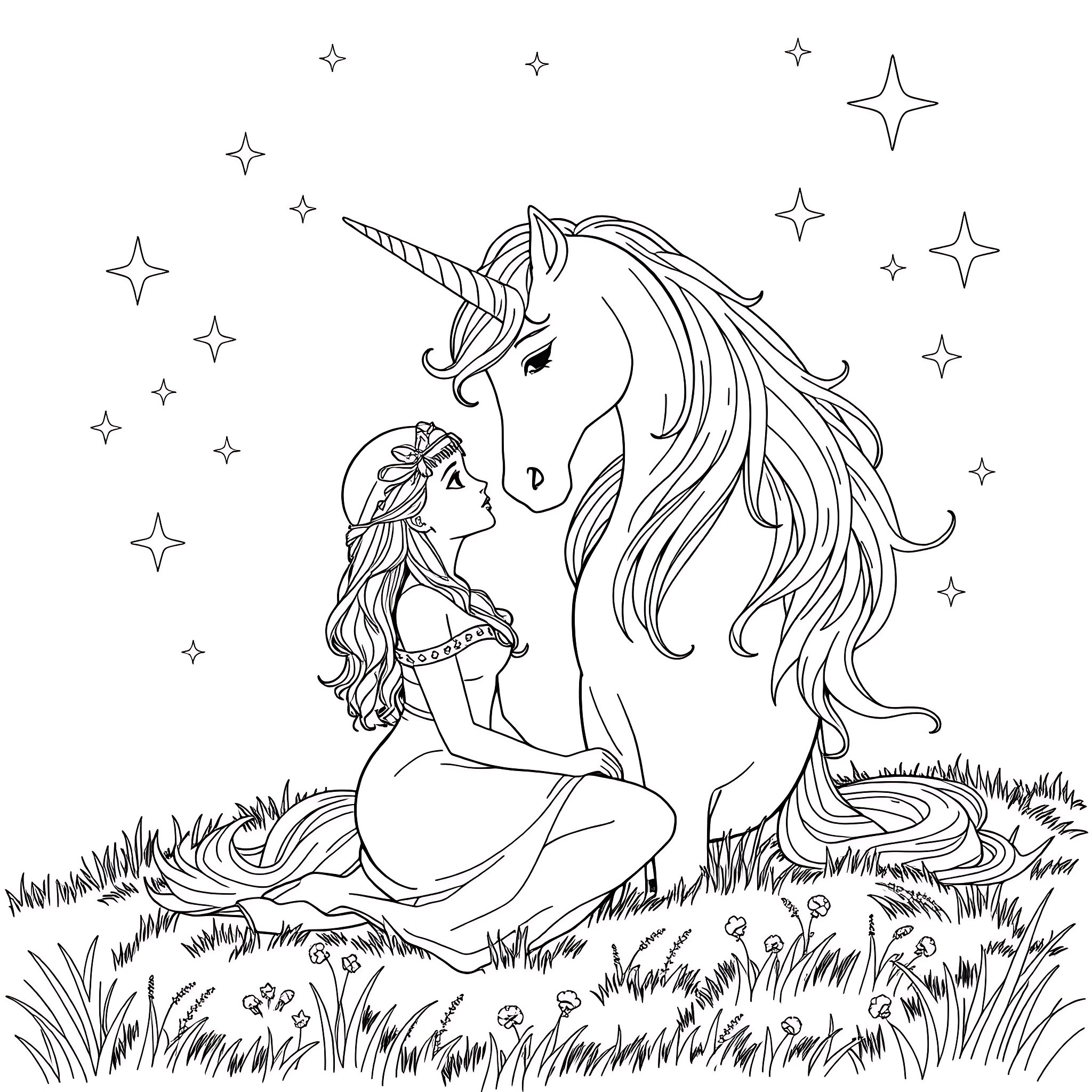 Kenda's magical encounter with a sparkling unicorn Coloring Page (free black-and-white line drawing printable PDF for all, from beginners to advanced learners, including children, teens, adults, and seniors)