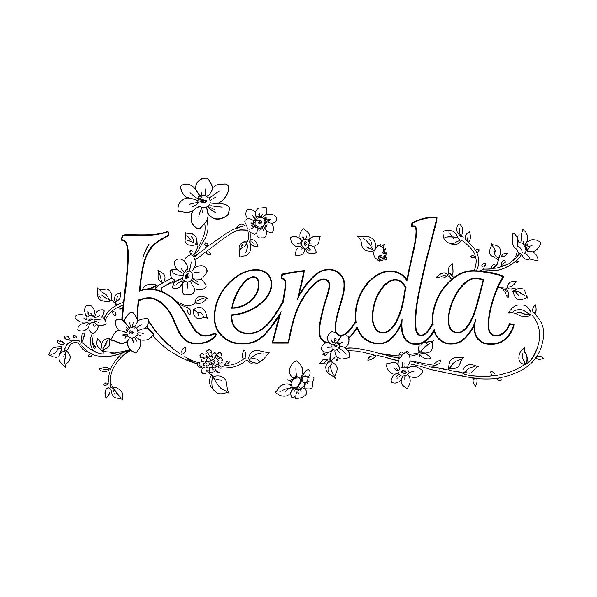 Kenda's Floral Flourish Coloring Page (free black-and-white line drawing printable PDF for all, from beginners to advanced learners, including children, teens, adults, and seniors)