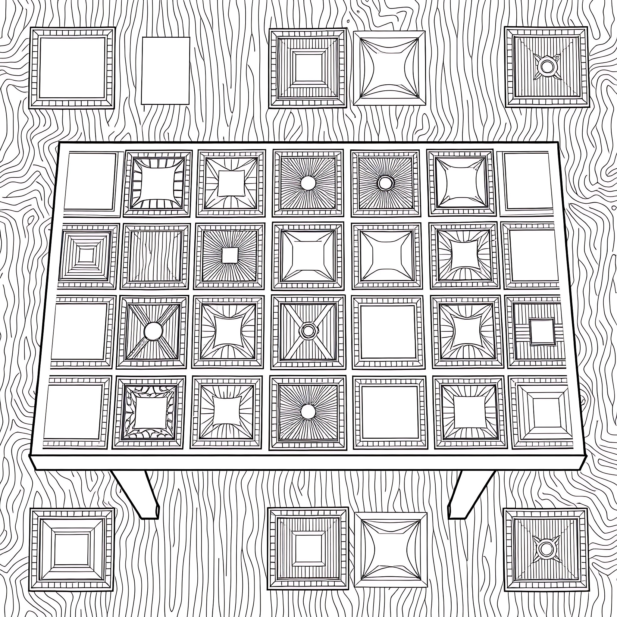 Table with Geometric Shapes and Patterns Coloring Page (free black-and-white line drawing printable PDF for all, from beginners to advanced learners, including children, teens, adults, and seniors)